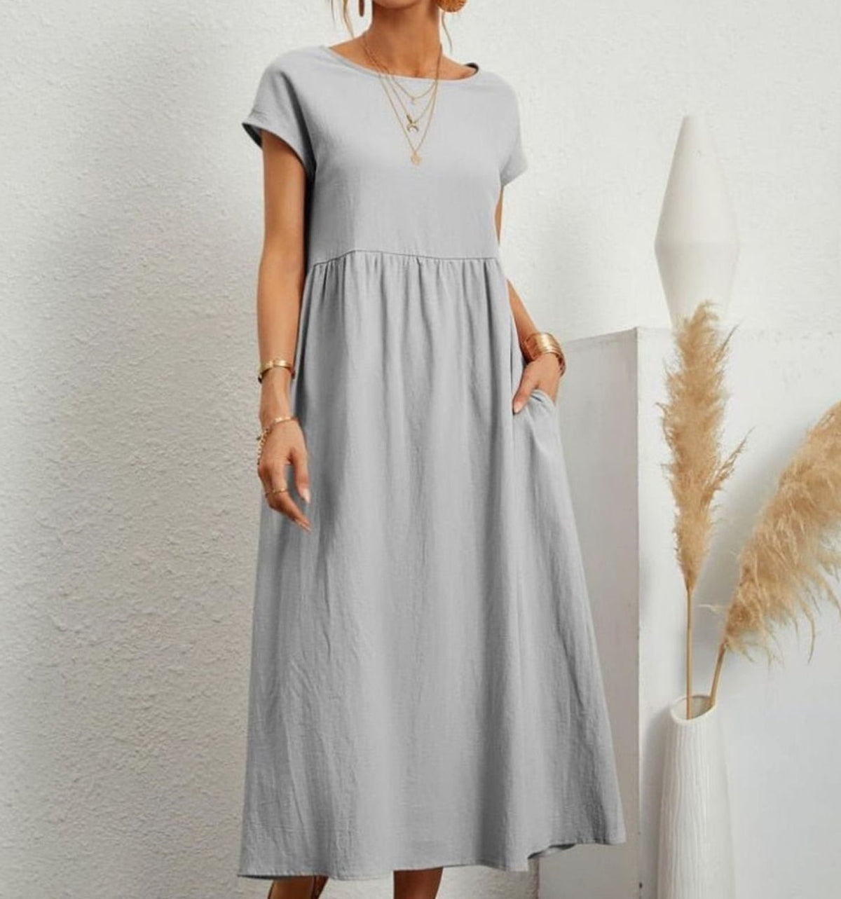 Women's Cotton Short-Sleeve Gathered Midi Dress with Pockets - Silver Grey