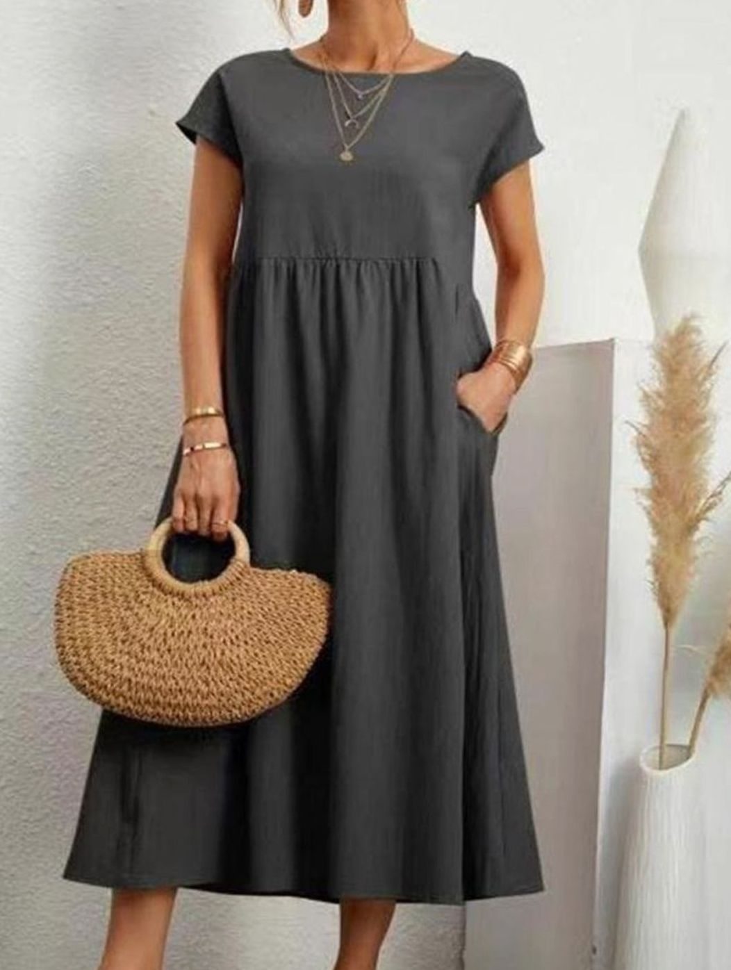 Women's Cotton Short-Sleeve Gathered Midi Dress with Pockets - Dark Grey