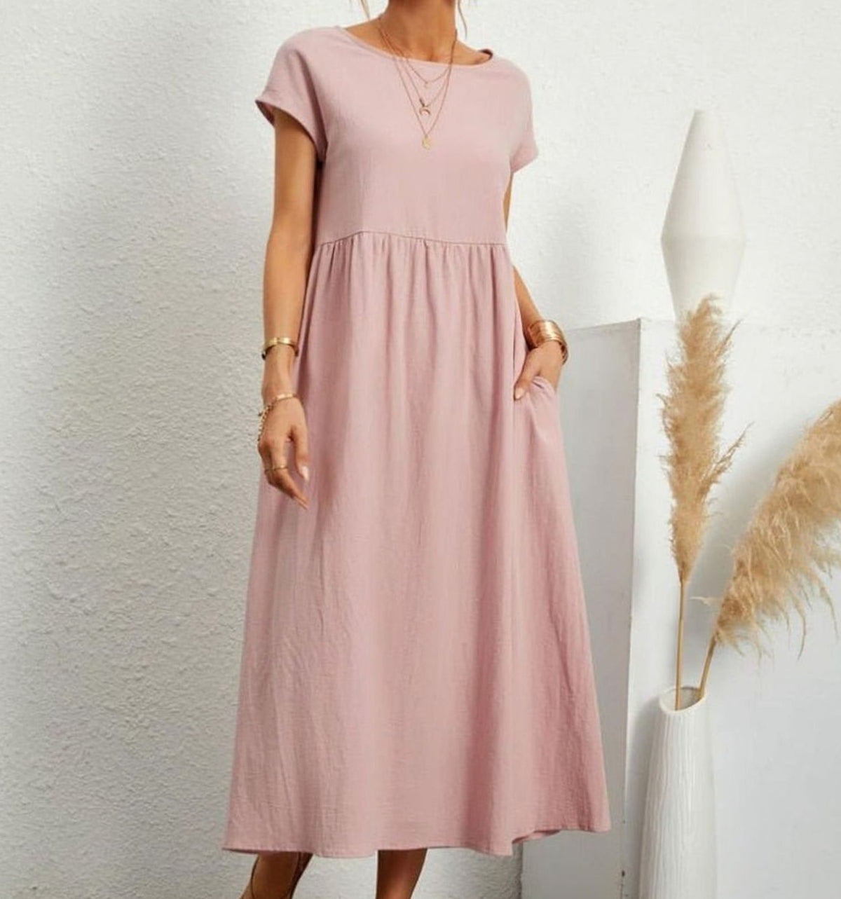 Women's Cotton Short-Sleeve Gathered Midi Dress with Pockets - Pink