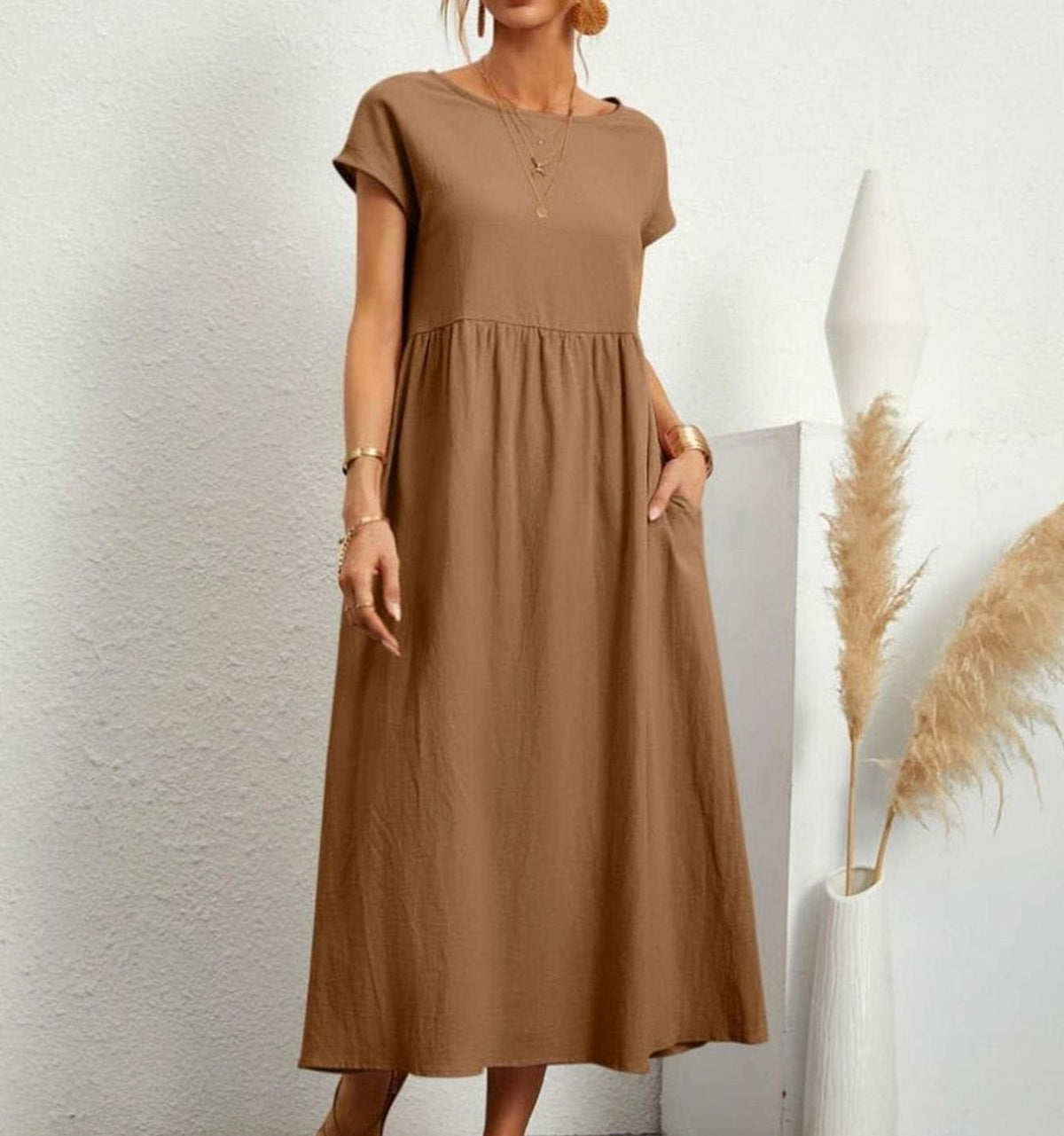 Women's Cotton Short-Sleeve Gathered Midi Dress with Pockets - Orange
