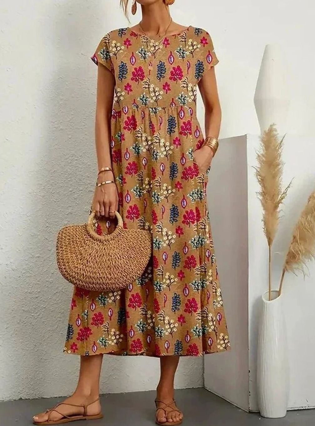 Women's Cotton Short-Sleeve Pocketed Floral Maxi Dress
