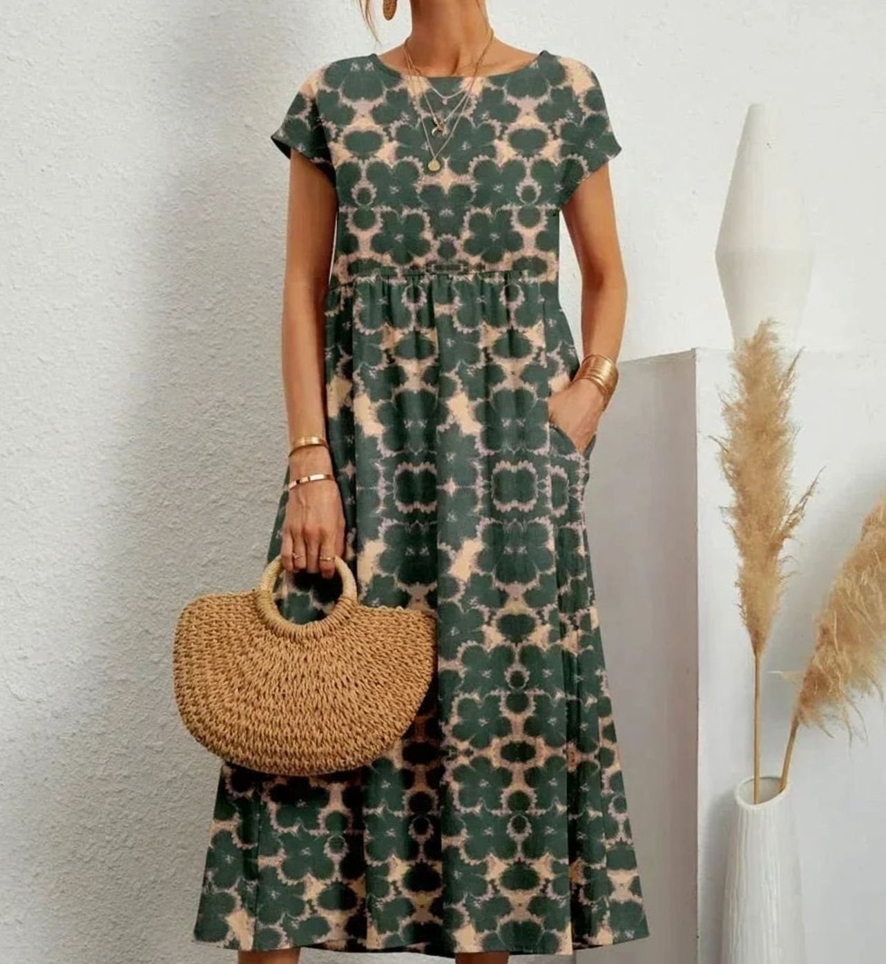 Women's Cotton Short-Sleeve Pocketed Floral Maxi Dress - Green