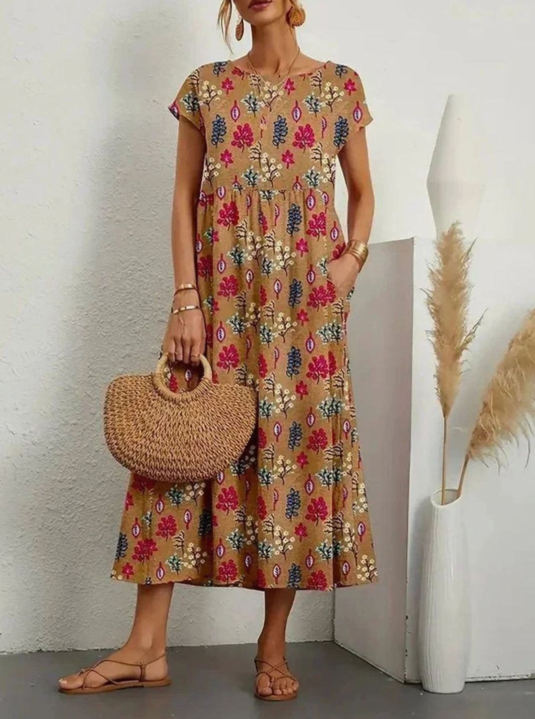 Women's Cotton Short-Sleeve Pocketed Floral Maxi Dress - Brown