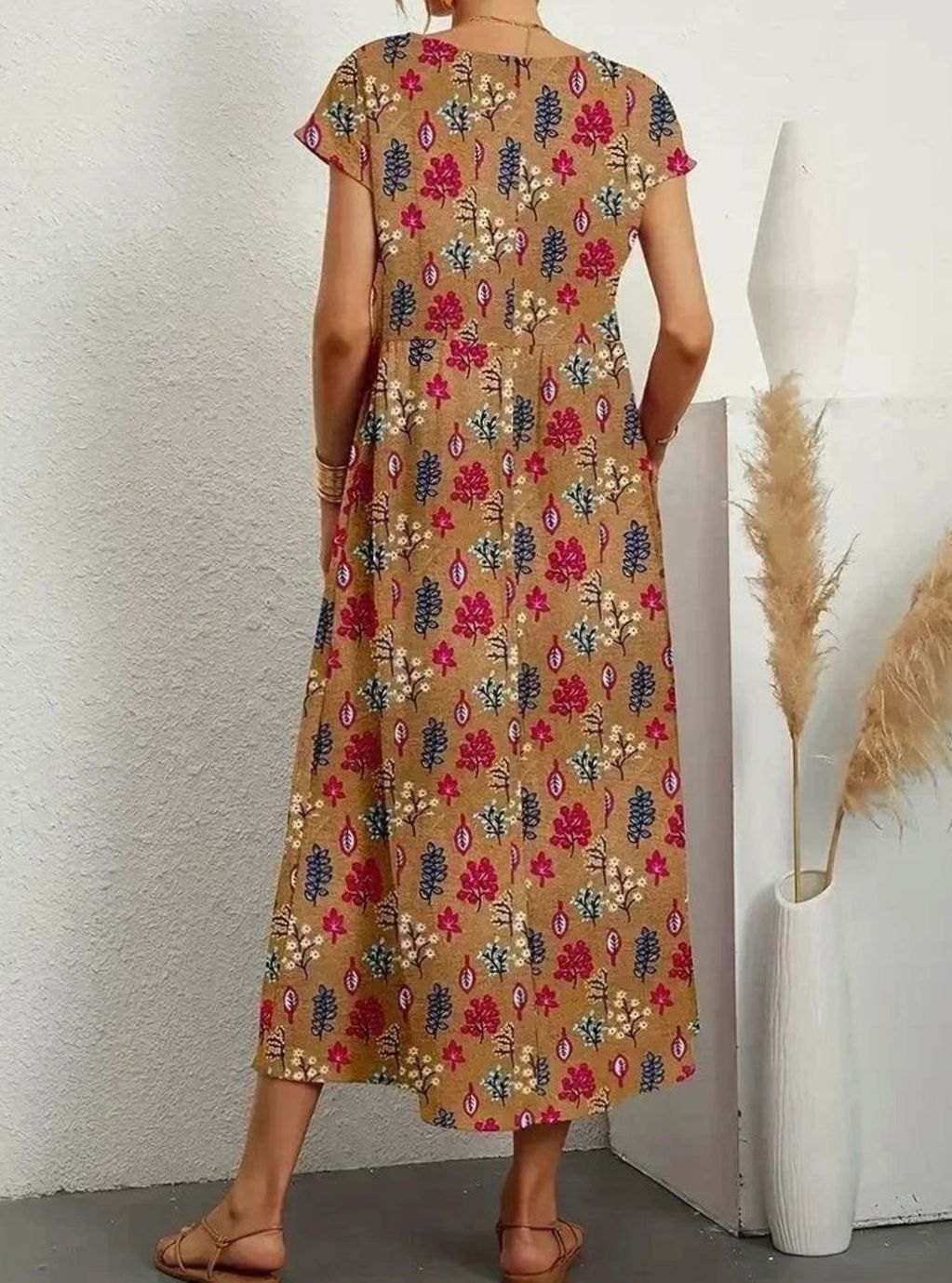 Women's Cotton Short-Sleeve Pocketed Floral Maxi Dress