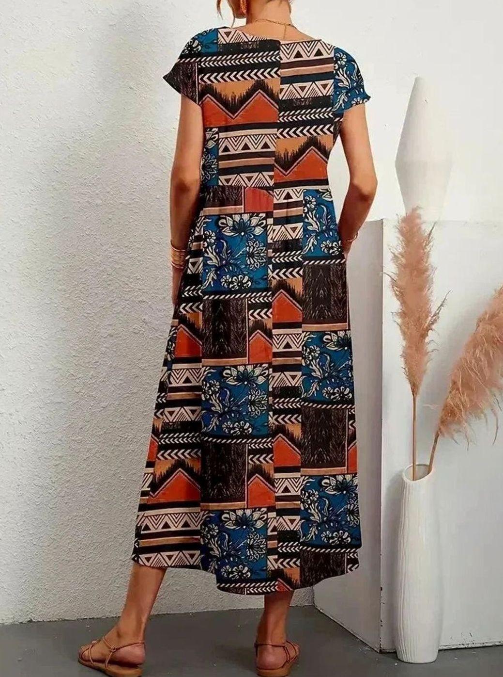 Women's Cotton Short-Sleeve Pocketed Floral Maxi Dress