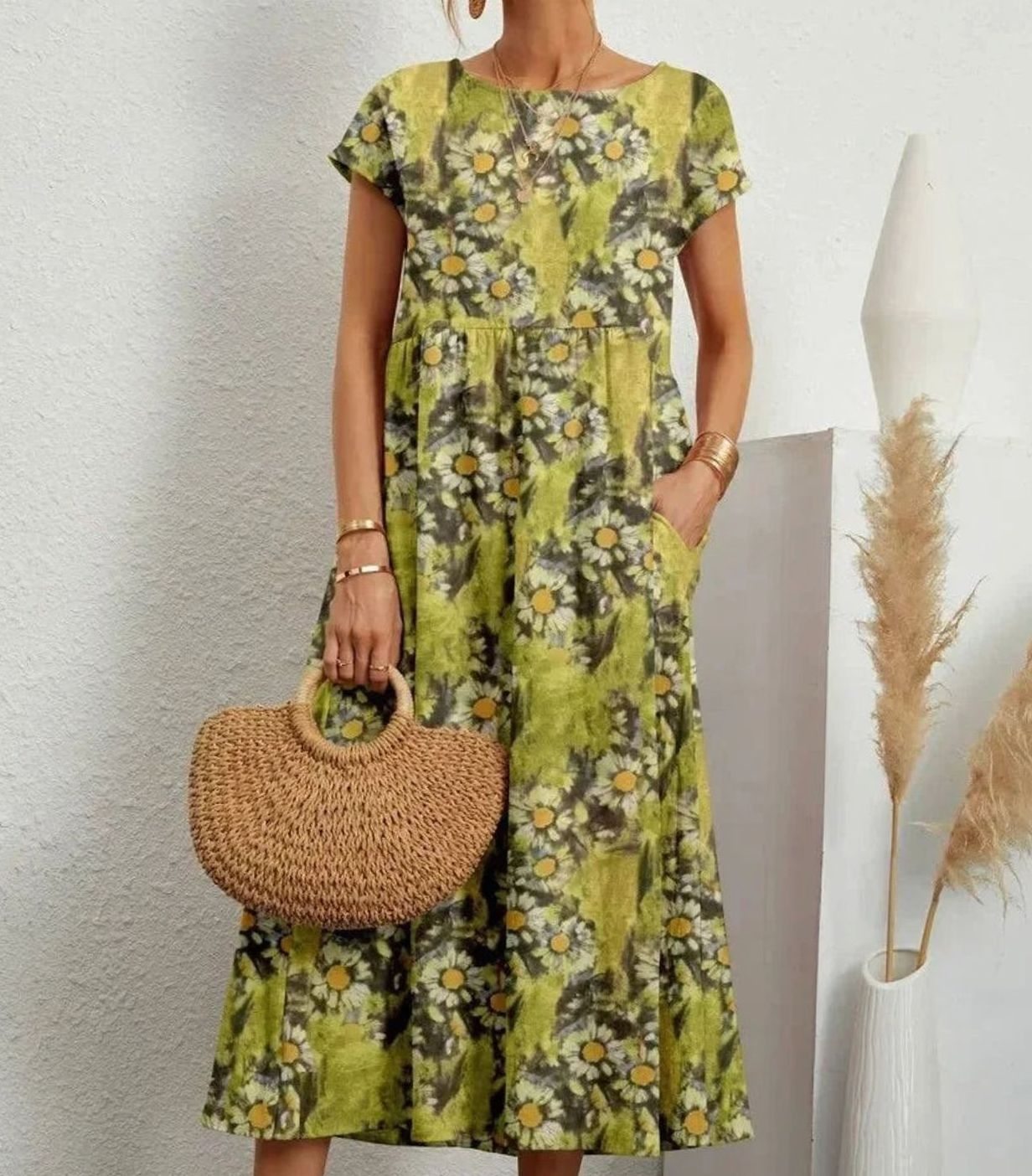 Women's Cotton Short-Sleeve Pocketed Floral Maxi Dress - Light Green