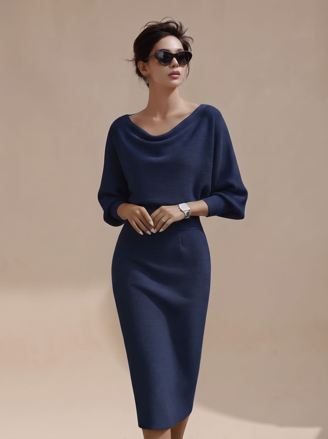 Women's Cowl Neck Batwing Sleeve Knit Midi Pencil Dress