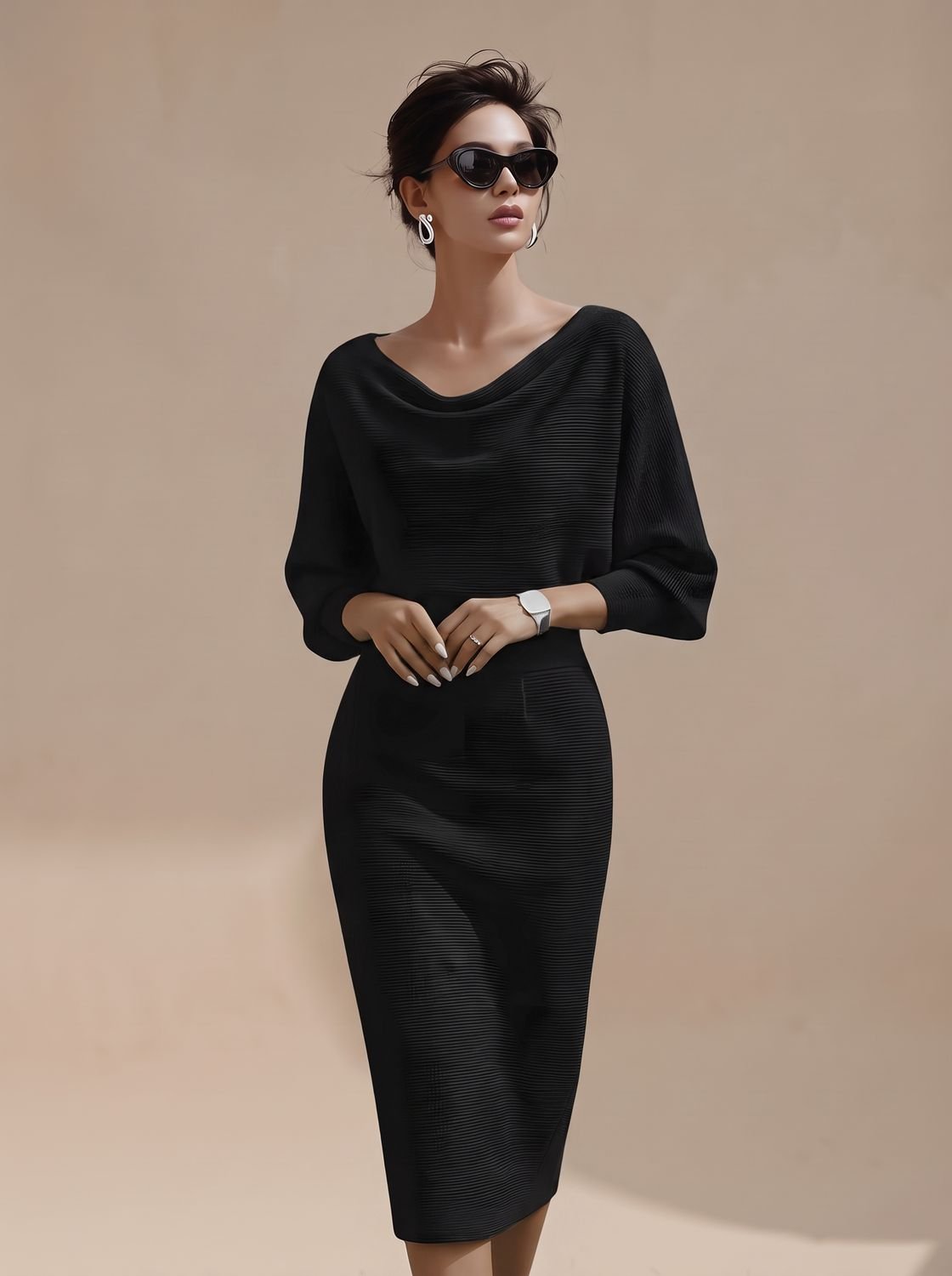 Women's Cowl Neck Batwing Sleeve Knit Midi Pencil Dress