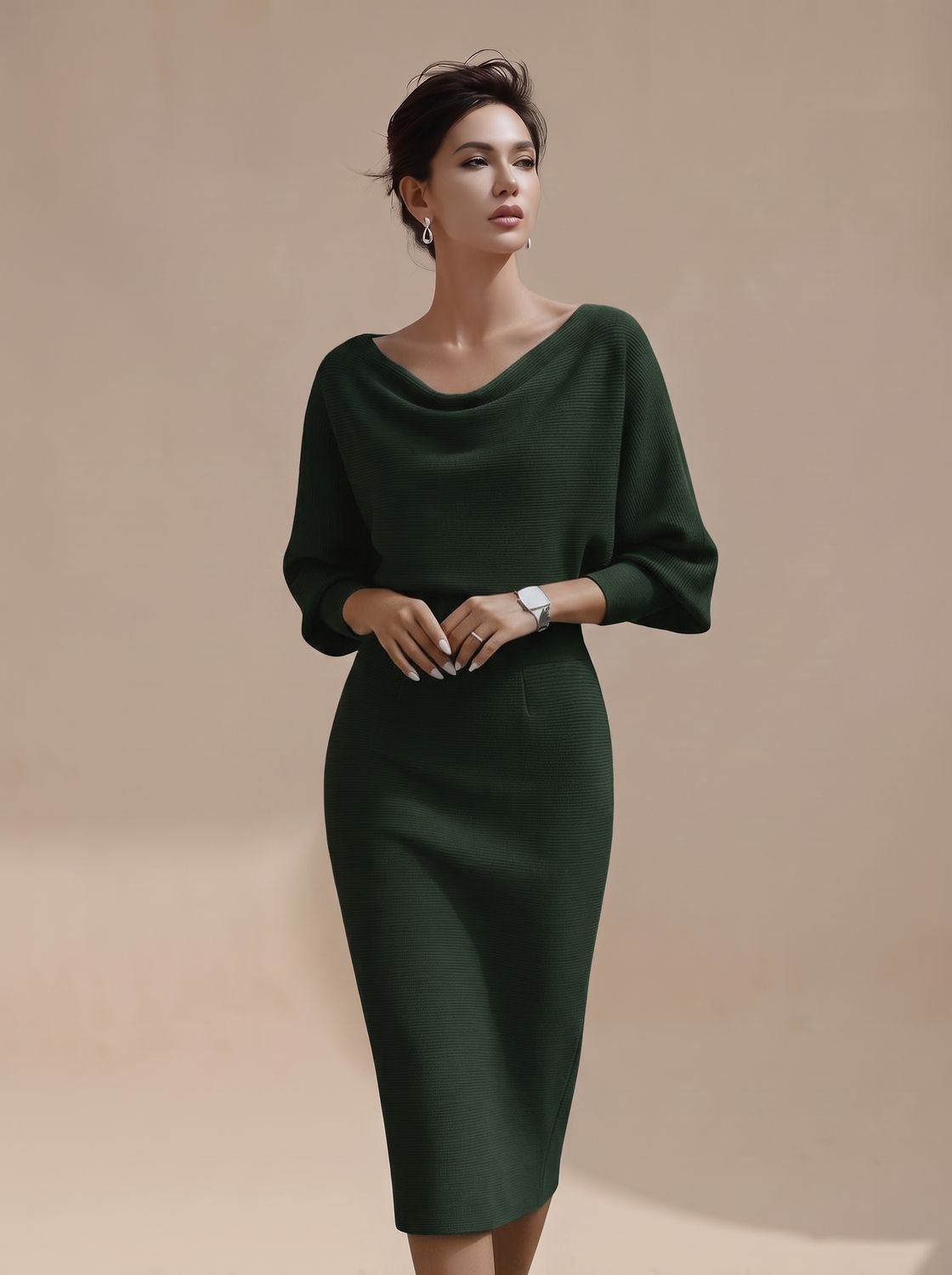 Women's Cowl Neck Batwing Sleeve Knit Midi Pencil Dress