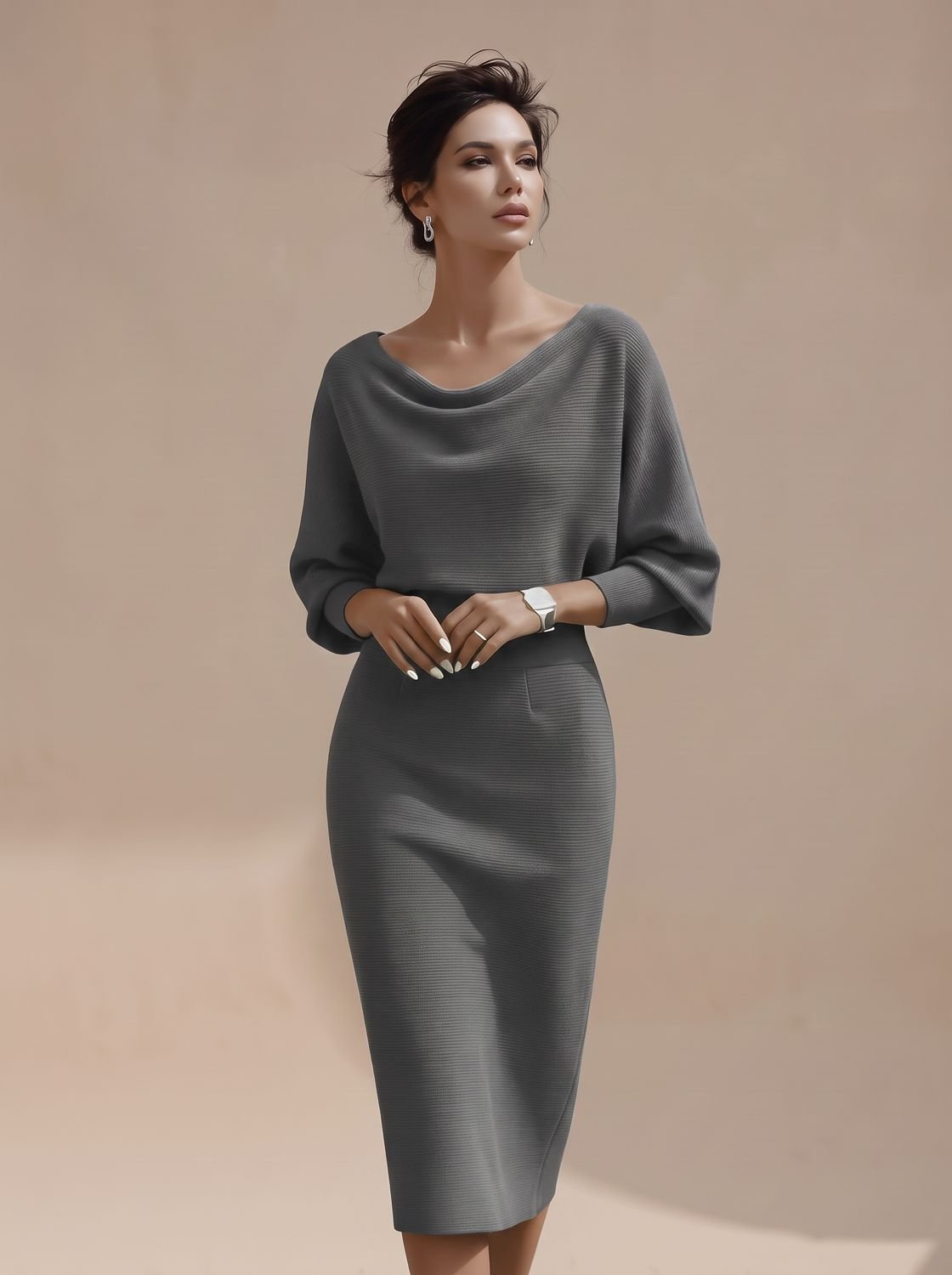 Women's Cowl Neck Batwing Sleeve Knit Midi Pencil Dress - Grey