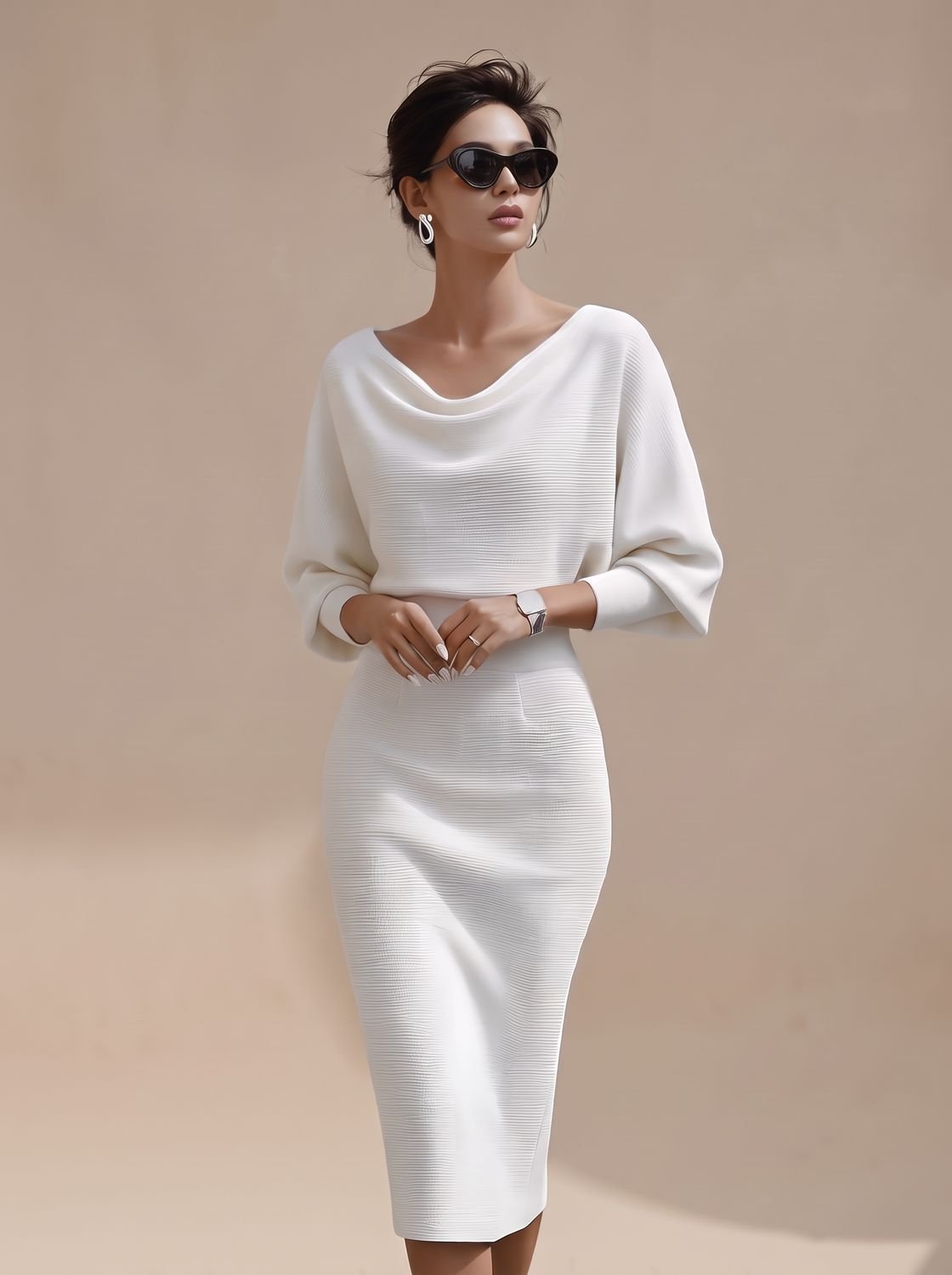 Women's Cowl Neck Batwing Sleeve Knit Midi Pencil Dress - White