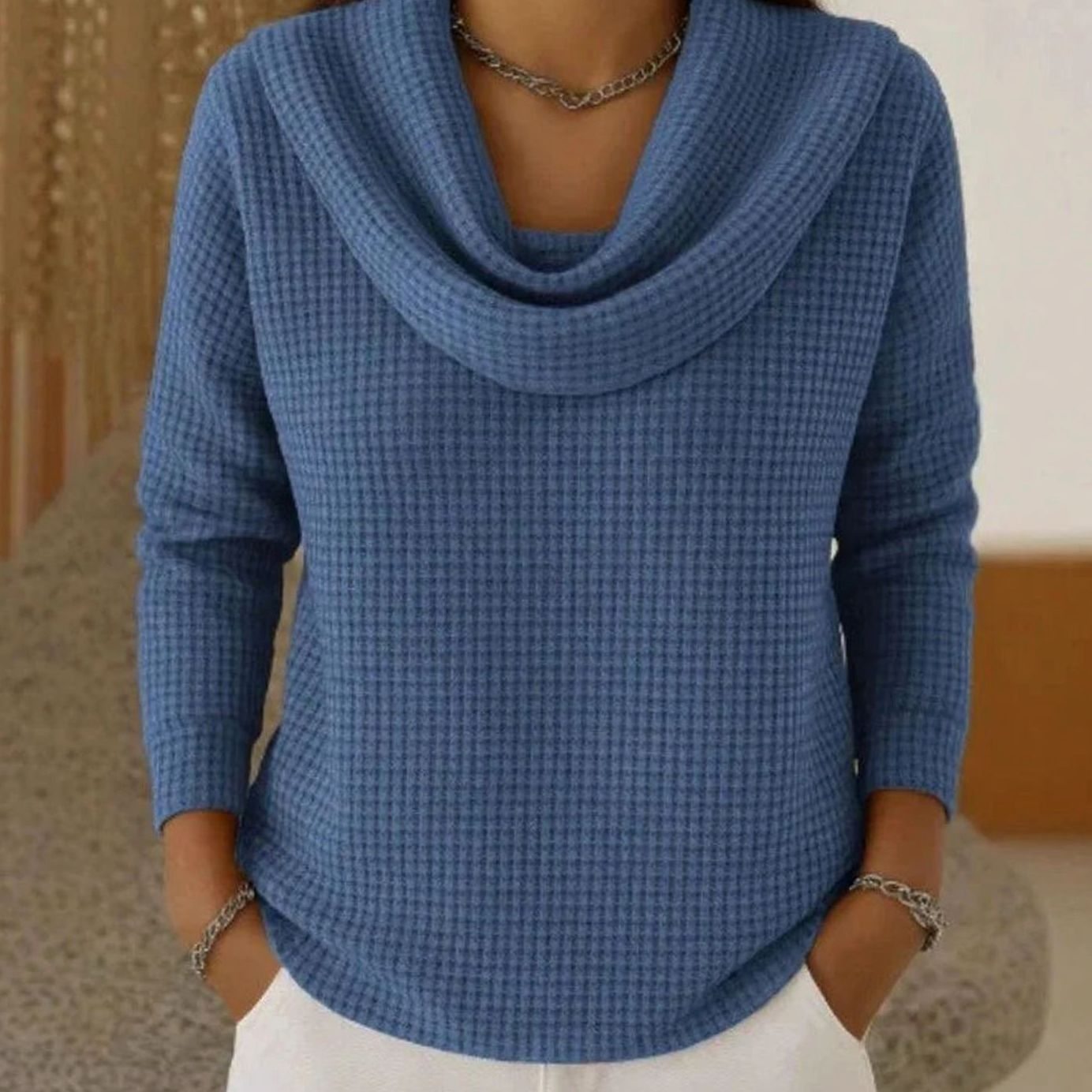 Women's Cowl Neck Waffle Knit Lightweight Sweater Long Sleeve - Blue