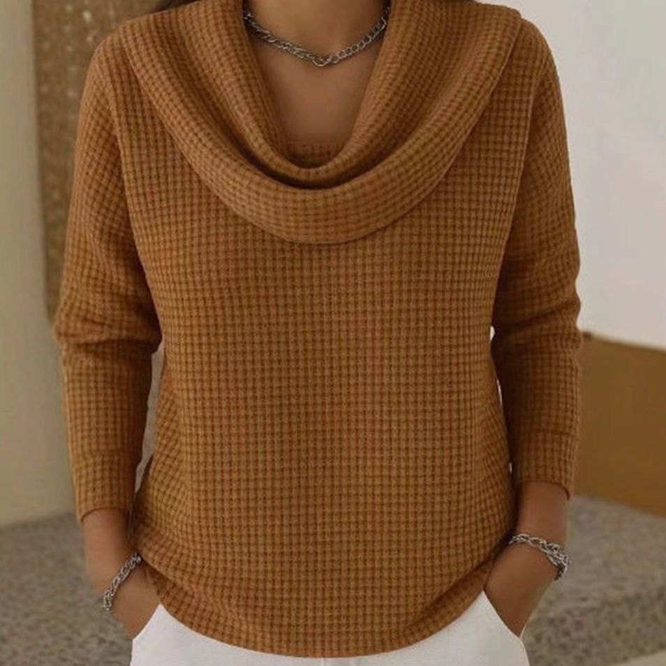 Women's Cowl Neck Waffle Knit Lightweight Sweater Long Sleeve - Brown