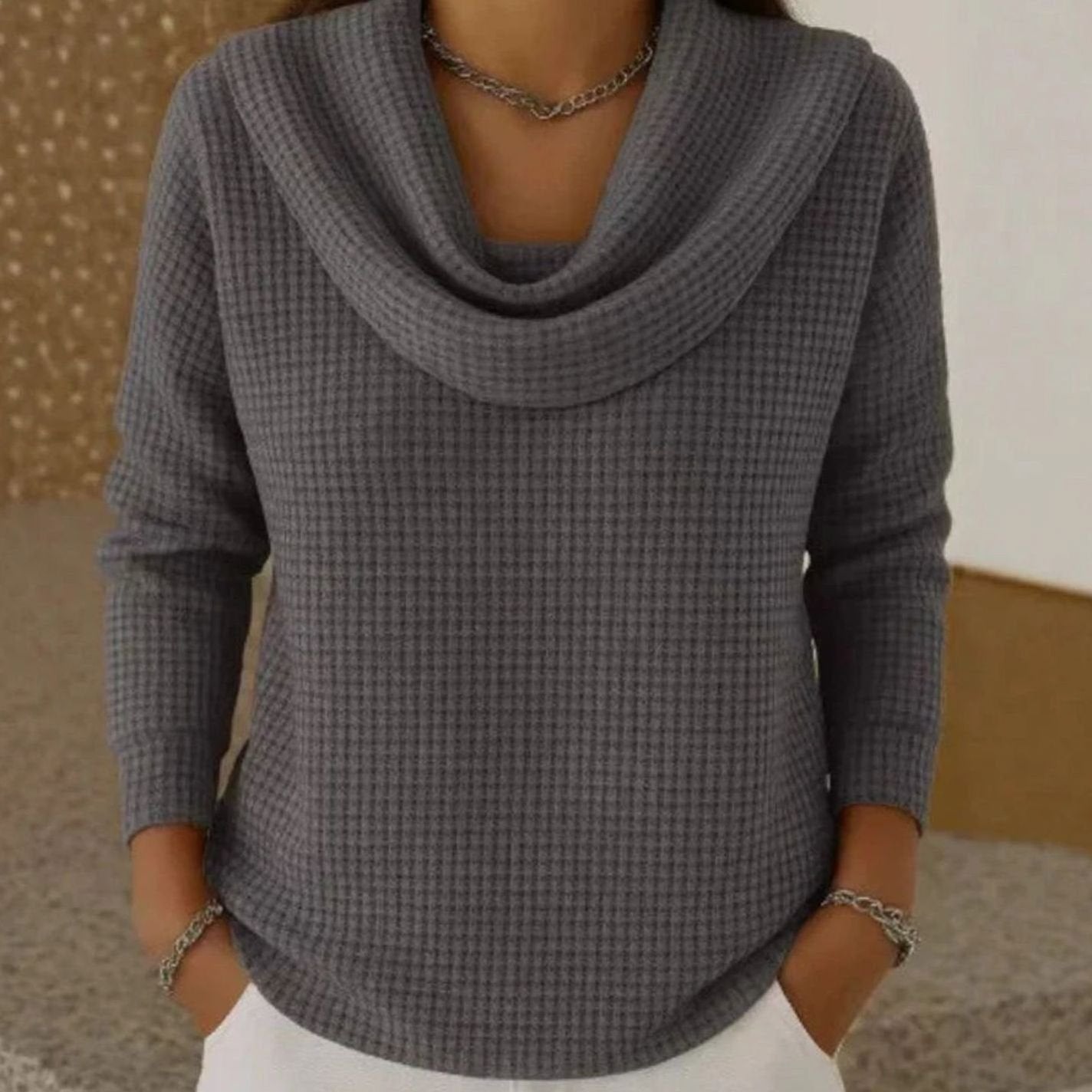 Women's Cowl Neck Waffle Knit Lightweight Sweater Long Sleeve - Gray