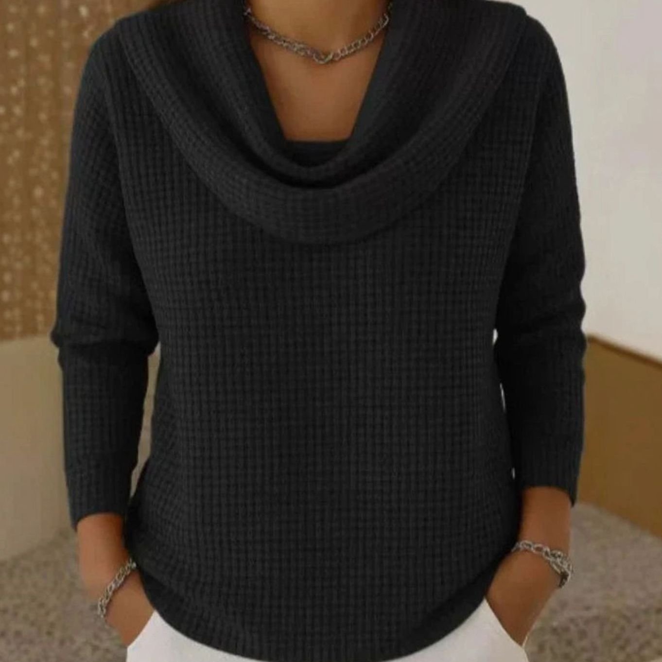 Women's Cowl Neck Waffle Knit Lightweight Sweater Long Sleeve - Black