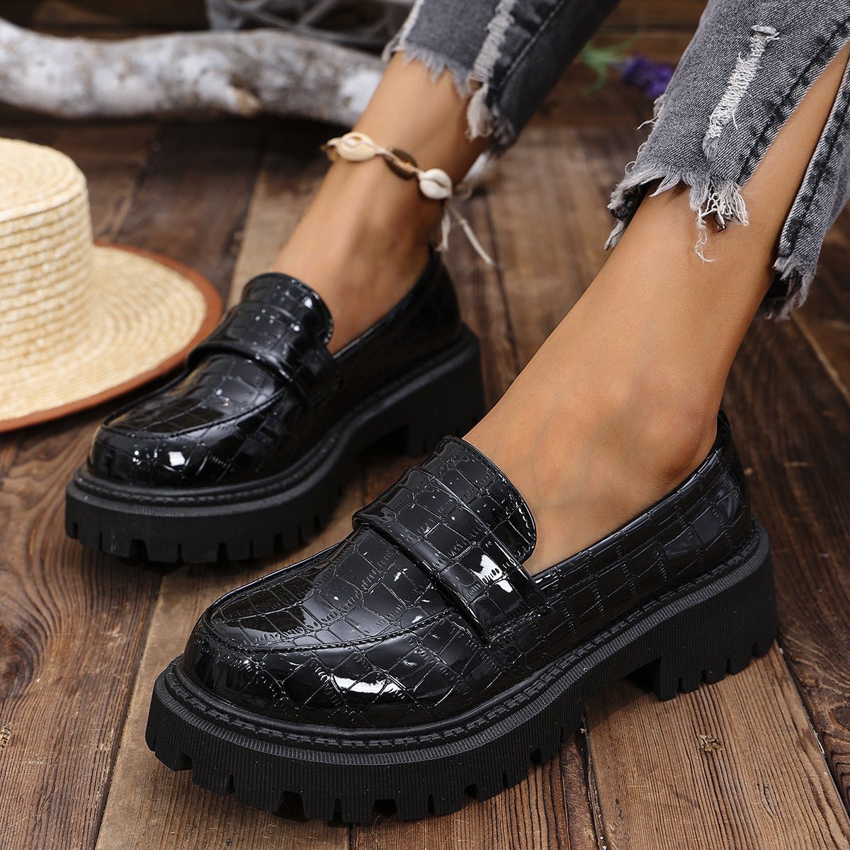 Women's Croc-Embossed Chunky Platform Slip-On Comfort Loafers