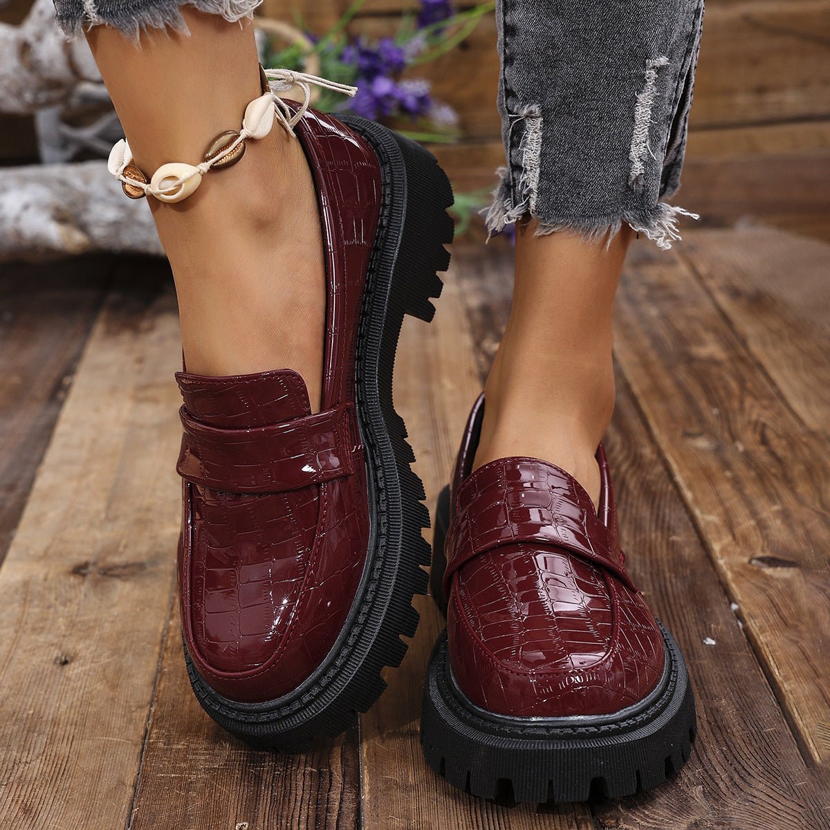 Women's Croc-Embossed Chunky Platform Slip-On Comfort Loafers - Bordeaux Red