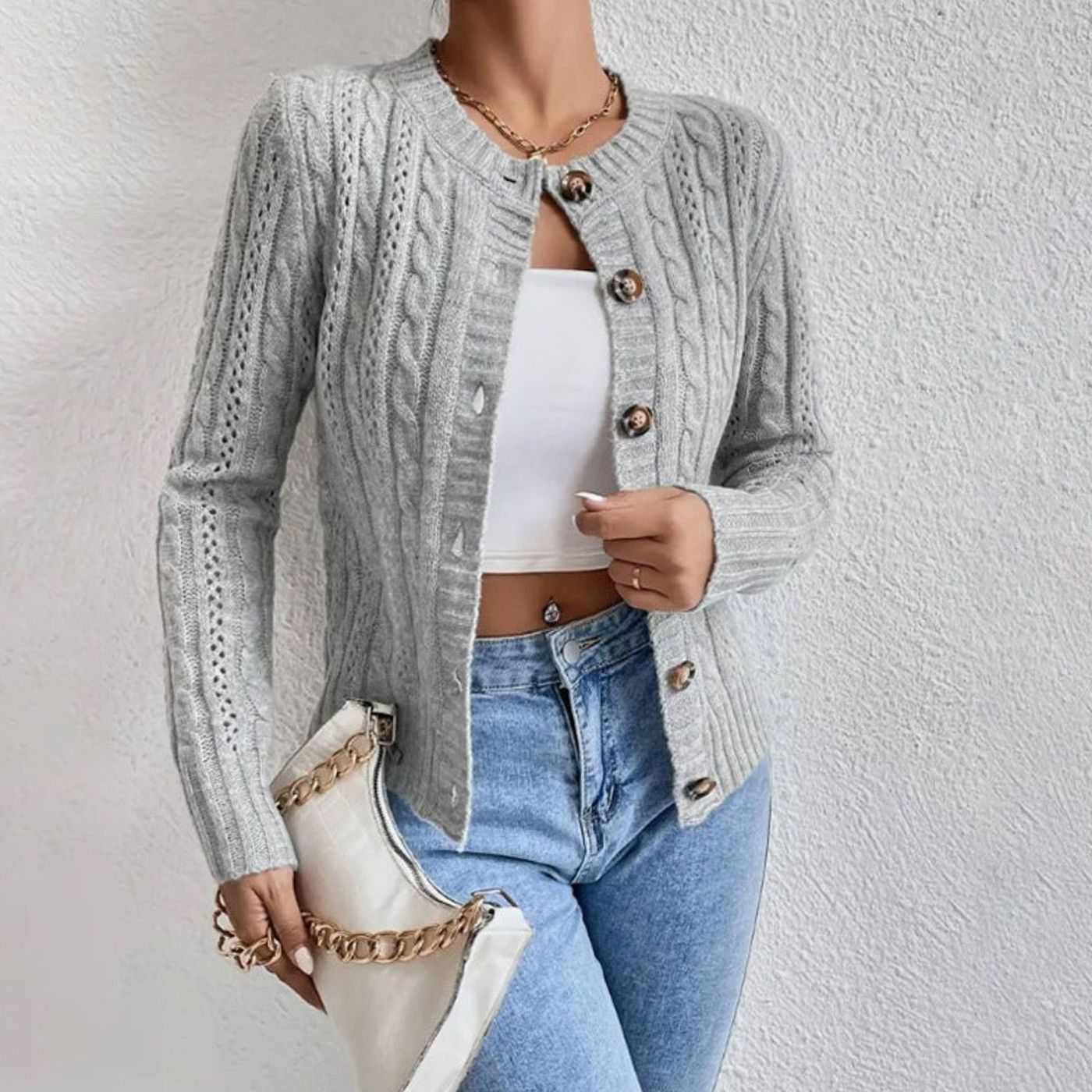 Women's Cropped Cable Knit Button-Front Cardigan - Grey