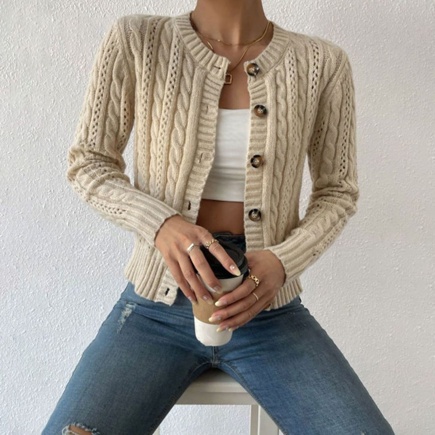 Women's Cropped Cable Knit Button-Front Cardigan - Apricot