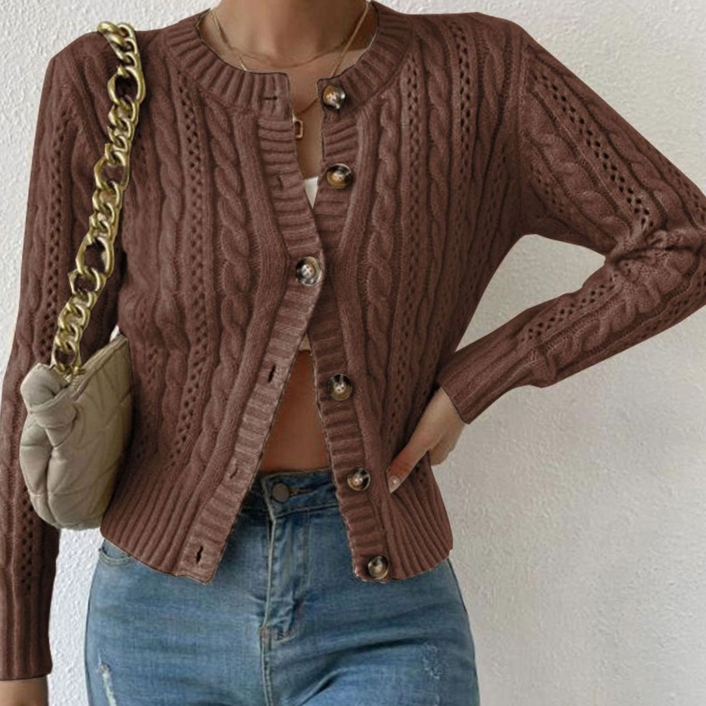 Women's Cropped Cable Knit Button-Front Cardigan - Brown