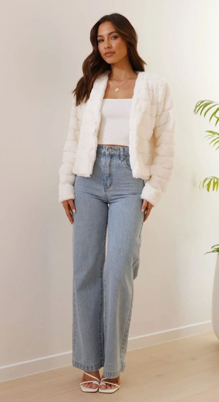 Women's Cropped Open-Collar Faux Fur Jacket