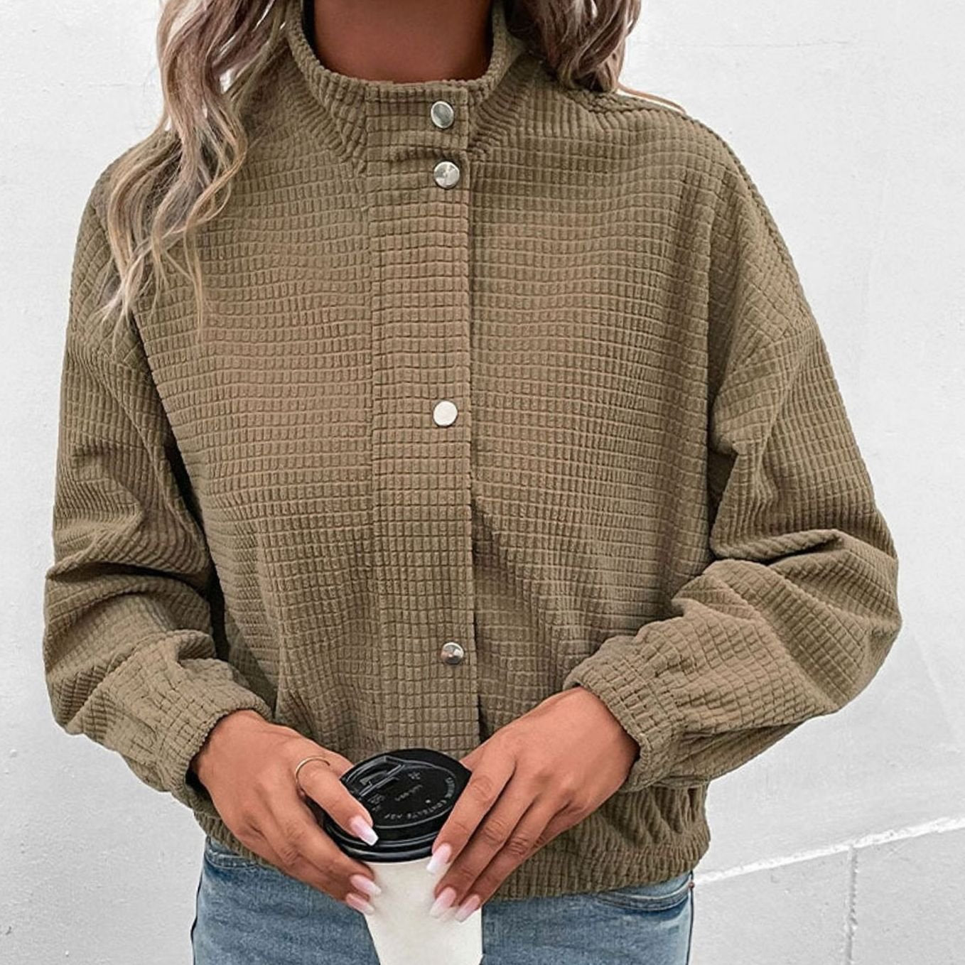 Women's Cropped Waffle-Knit Button-Up Stand-Collar Jacket