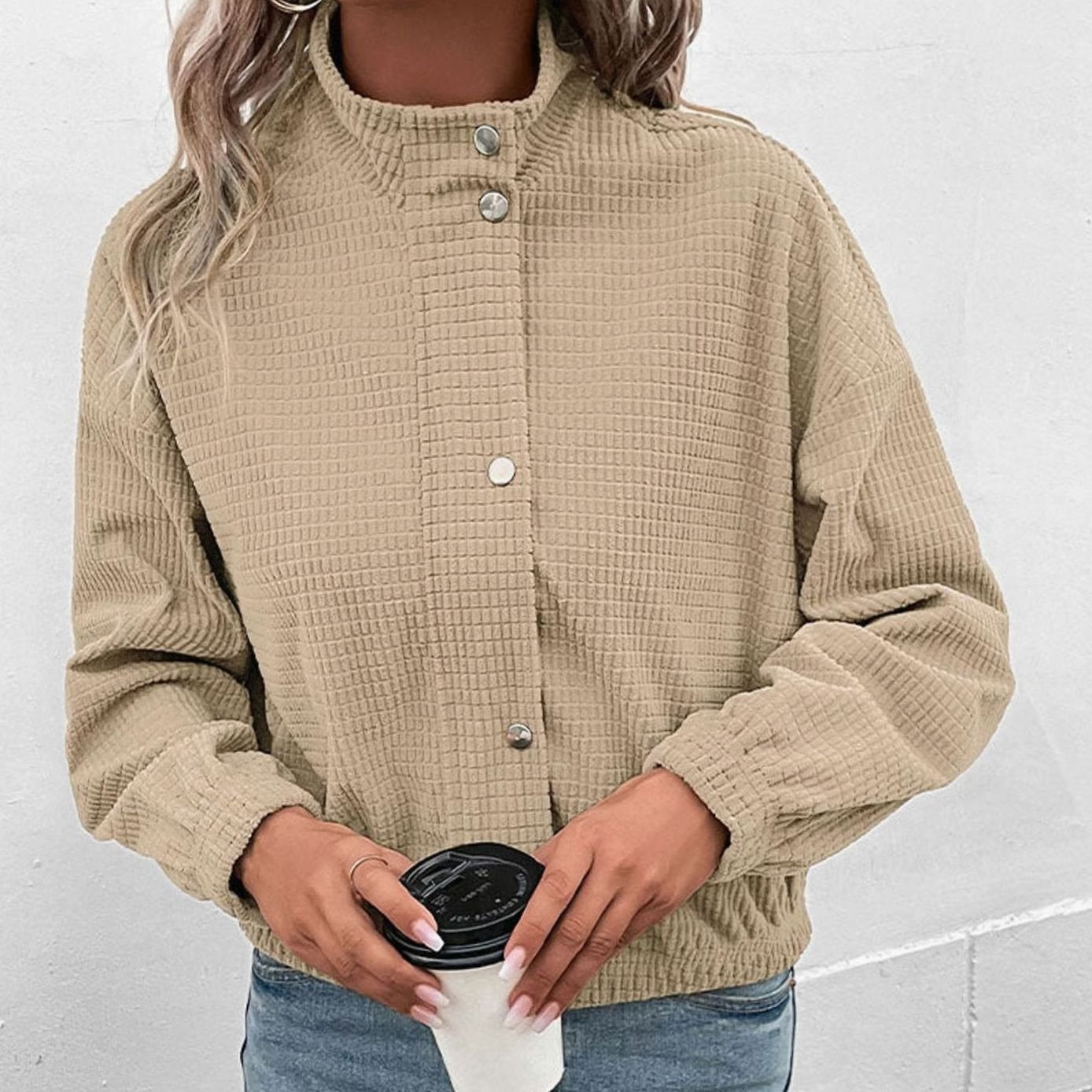 Women's Cropped Waffle-Knit Button-Up Stand-Collar Jacket