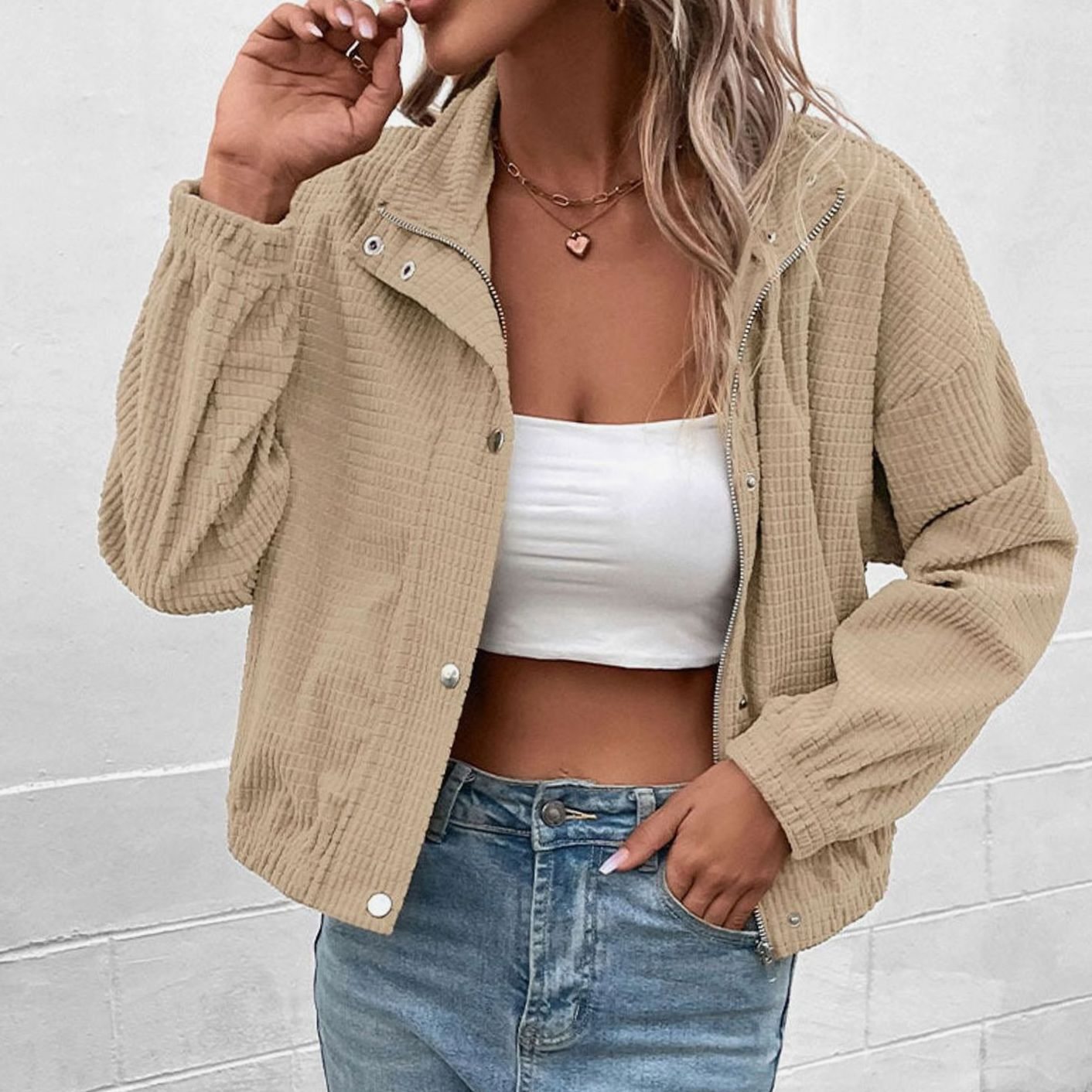 Women's Cropped Waffle-Knit Button-Up Stand-Collar Jacket