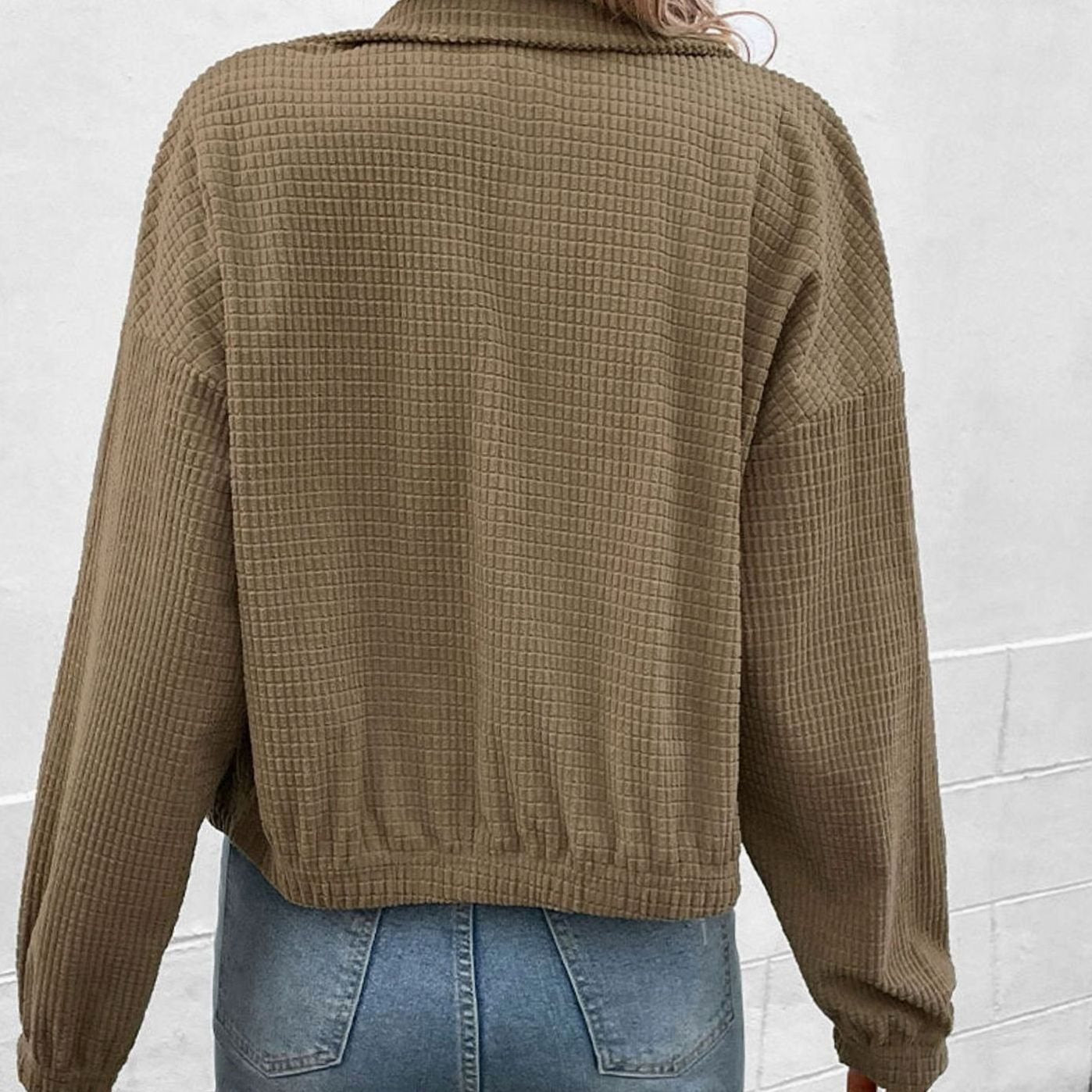 Women's Cropped Waffle-Knit Button-Up Stand-Collar Jacket
