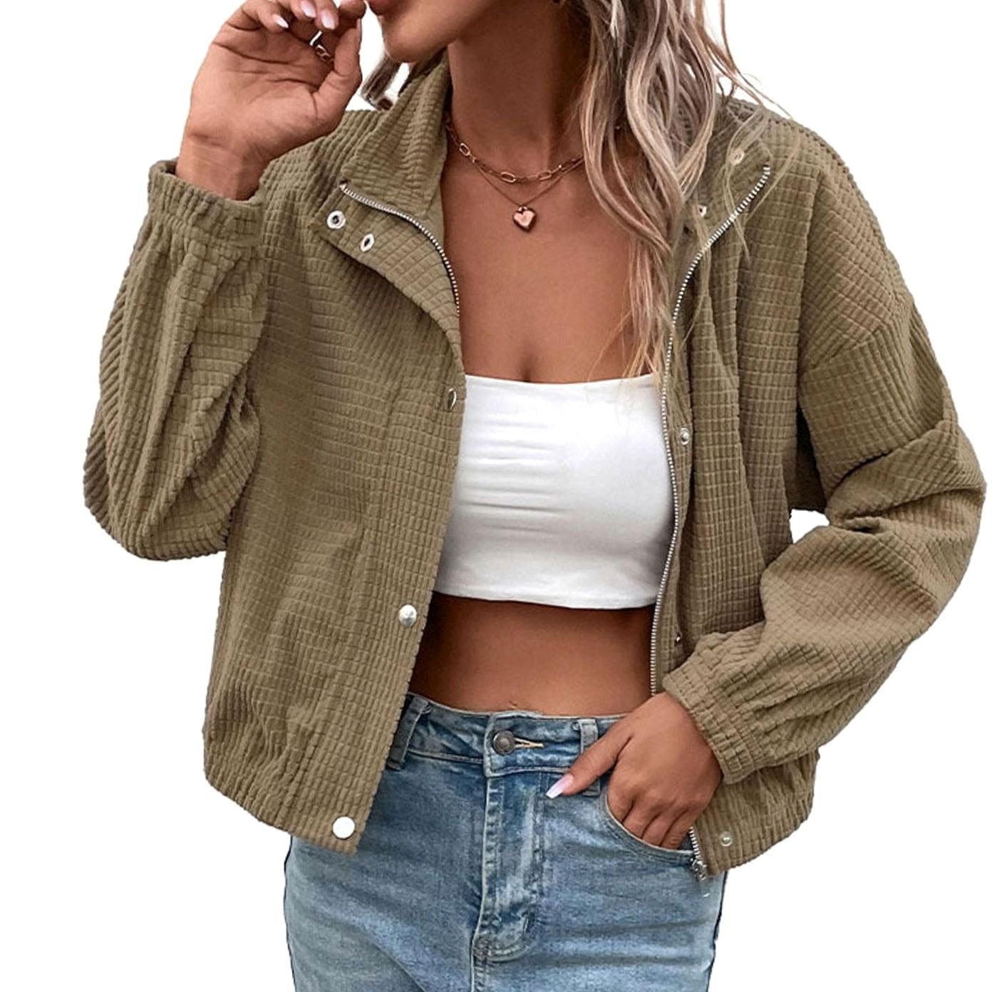 Women's Cropped Waffle-Knit Button-Up Stand-Collar Jacket
