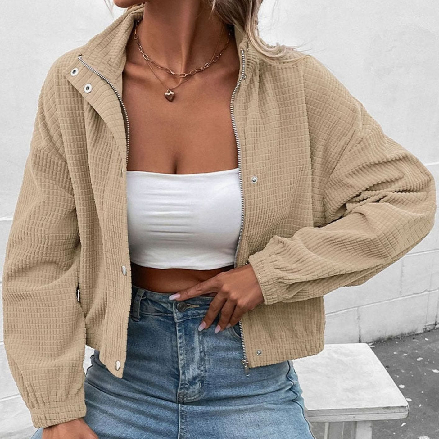 Women's Cropped Waffle-Knit Button-Up Stand-Collar Jacket - Apricot