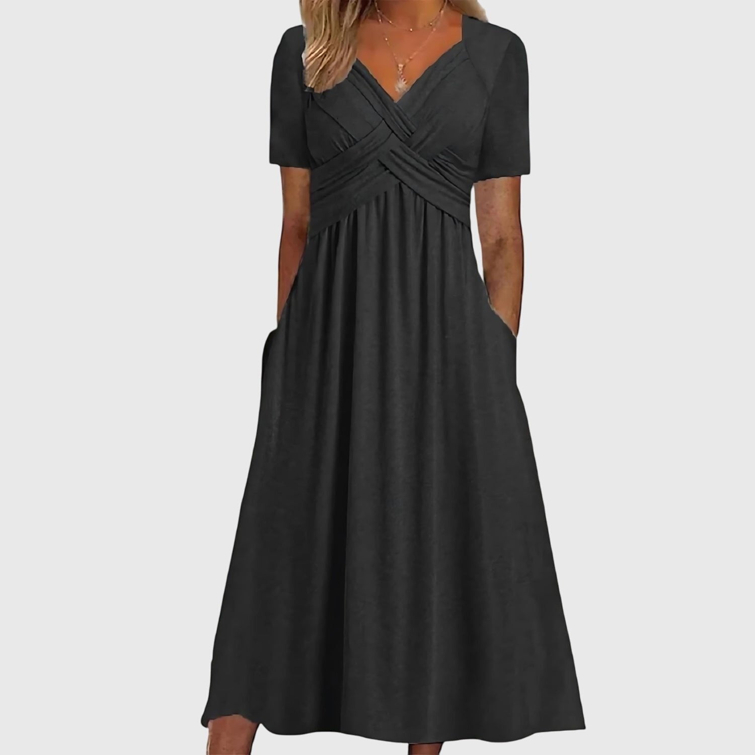 Women's Cross-Front Tummy Control Short Sleeve Midi Dress - Black