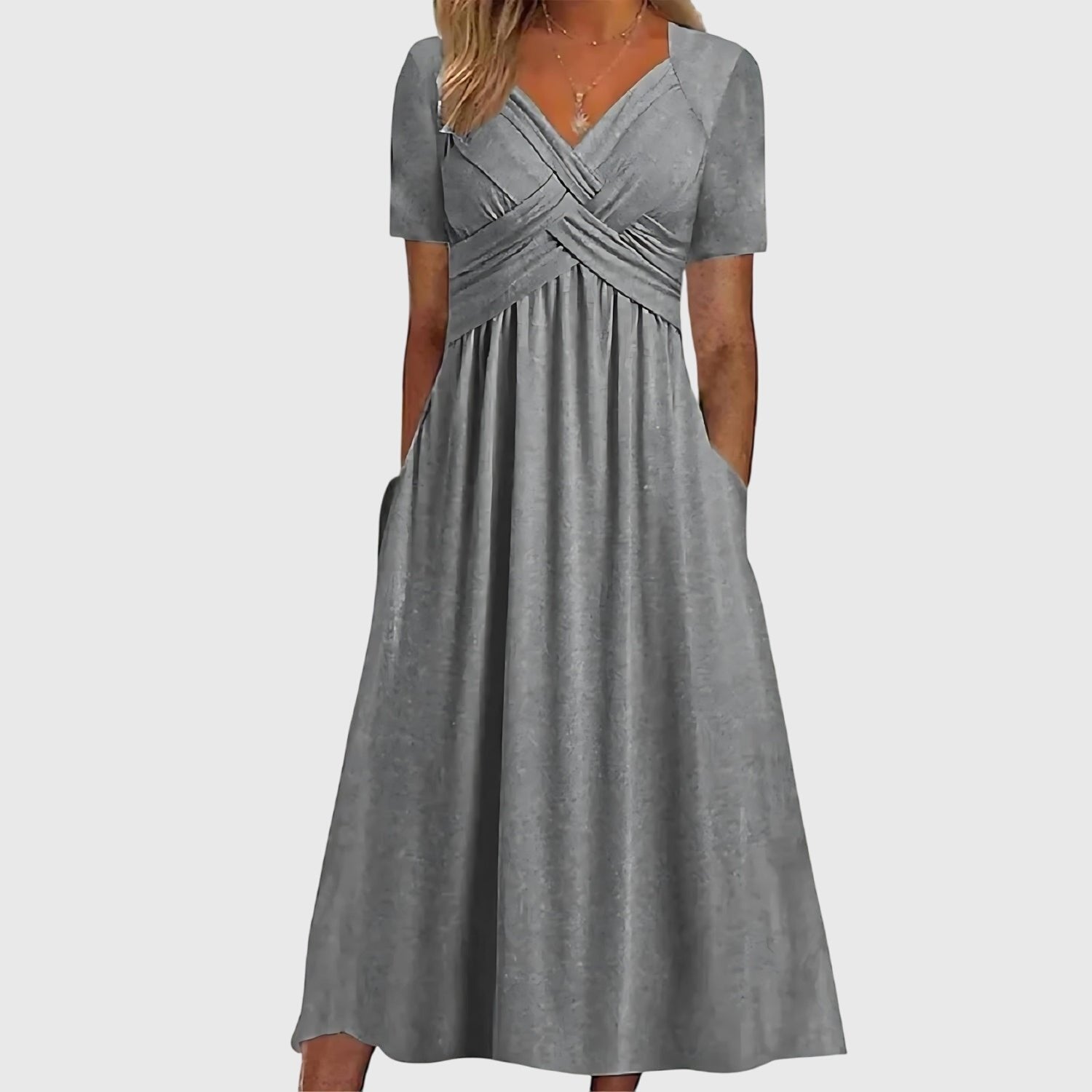Women's Cross-Front Tummy Control Short Sleeve Midi Dress - Gray