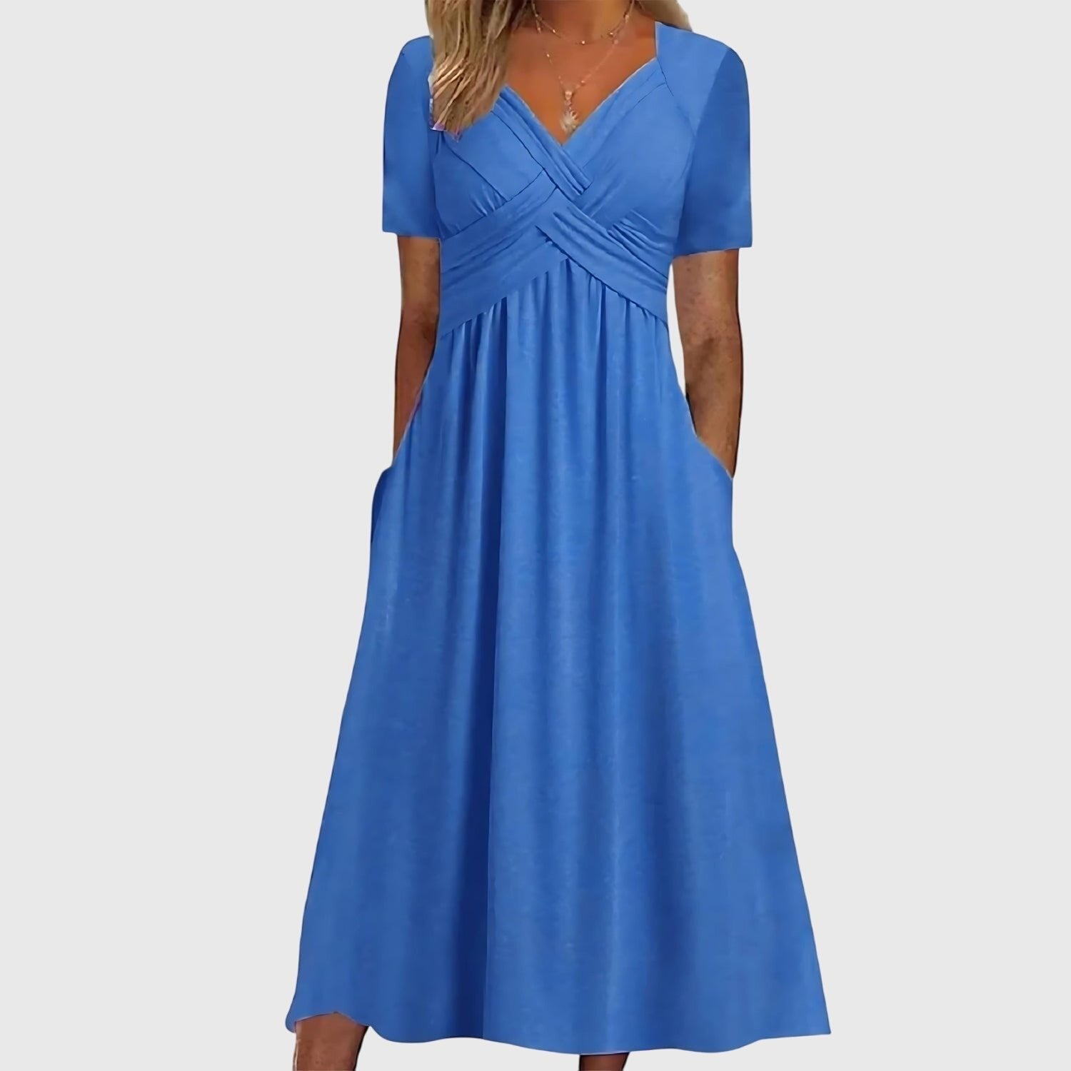 Women's Cross-Front Tummy Control Short Sleeve Midi Dress - Blue