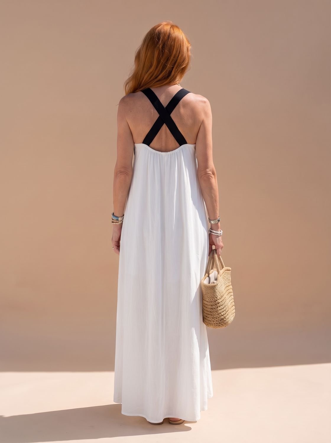 Women's Cross-Neck Contrast Strap Sleeveless Maxi Dress