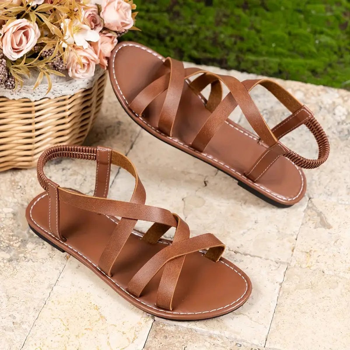 Women's Cross-Strap Flat Comfort Sandals Open Toe Slip-On