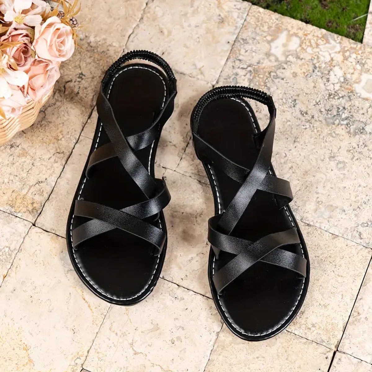 Women's Cross-Strap Flat Comfort Sandals Open Toe Slip-On