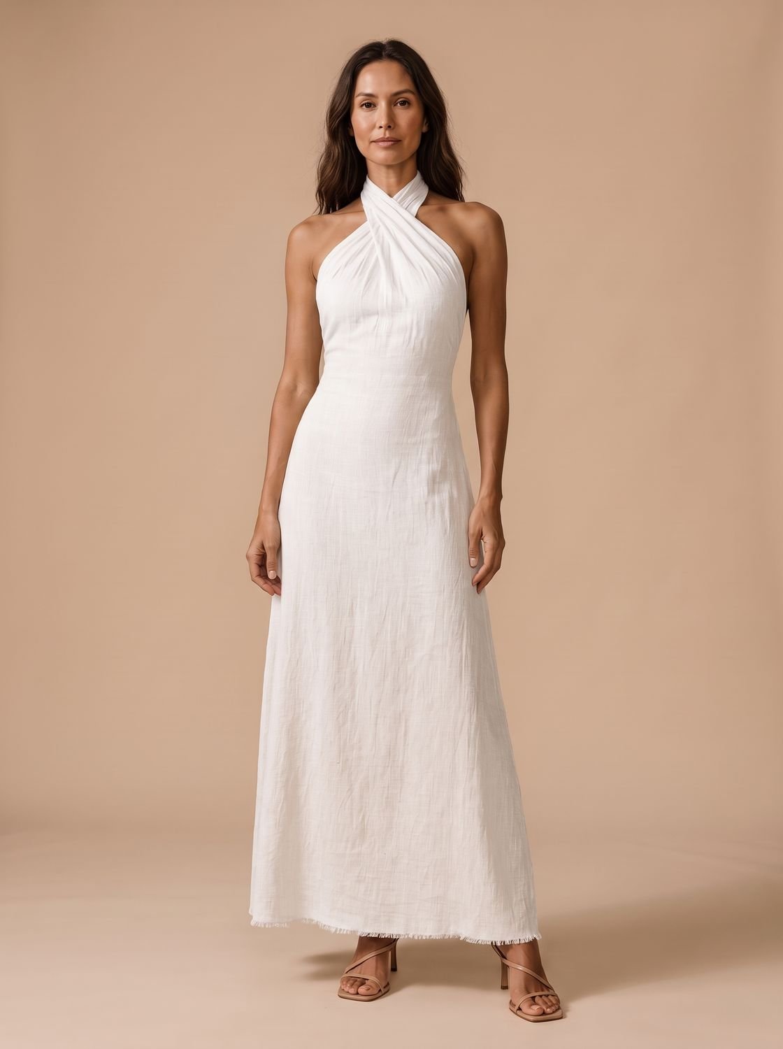Women's Crossover Halter Sleeveless Fitted Maxi Dress - White