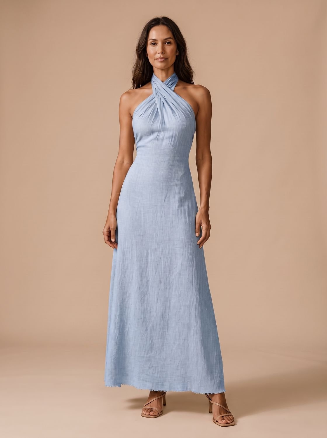 Women's Crossover Halter Sleeveless Fitted Maxi Dress - Sky Blue