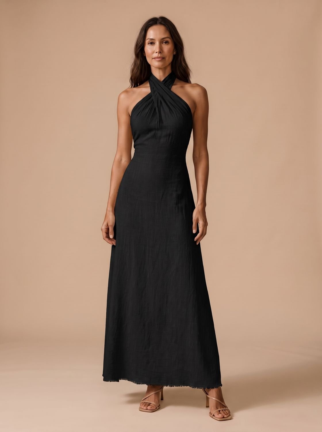 Women's Crossover Halter Sleeveless Fitted Maxi Dress - Black