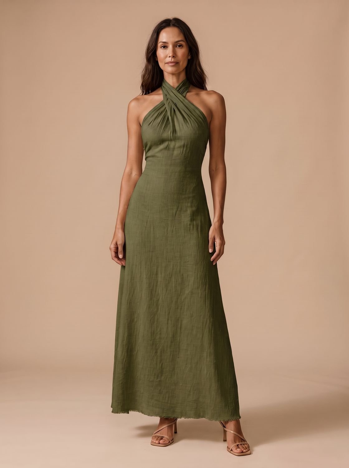 Women's Crossover Halter Sleeveless Fitted Maxi Dress - Green