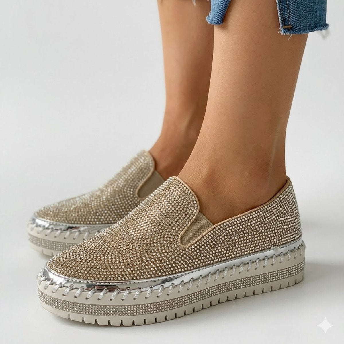 Women's Crystal Embellished Slip-On Comfort Sneakers Platform Loafers - Gold