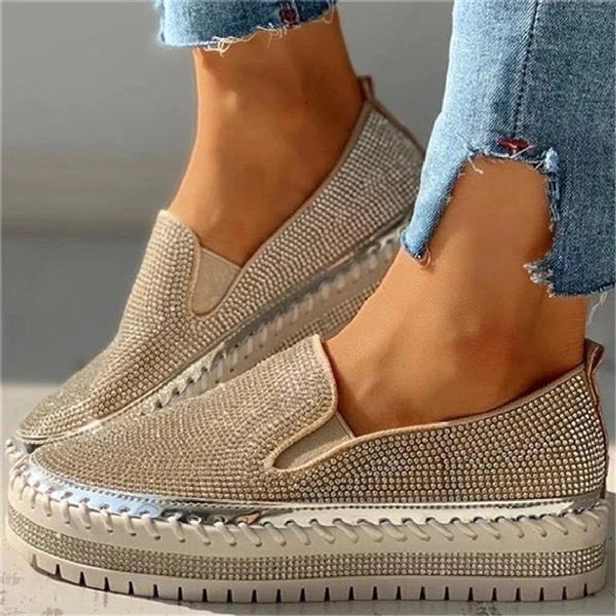 Women's Crystal Embellished Slip-On Comfort Sneakers Platform Loafers