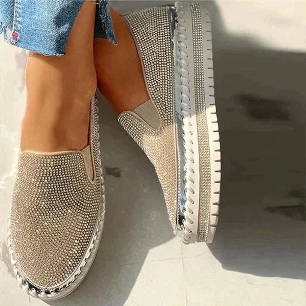 Women's Crystal Embellished Slip-On Comfort Sneakers Platform Loafers