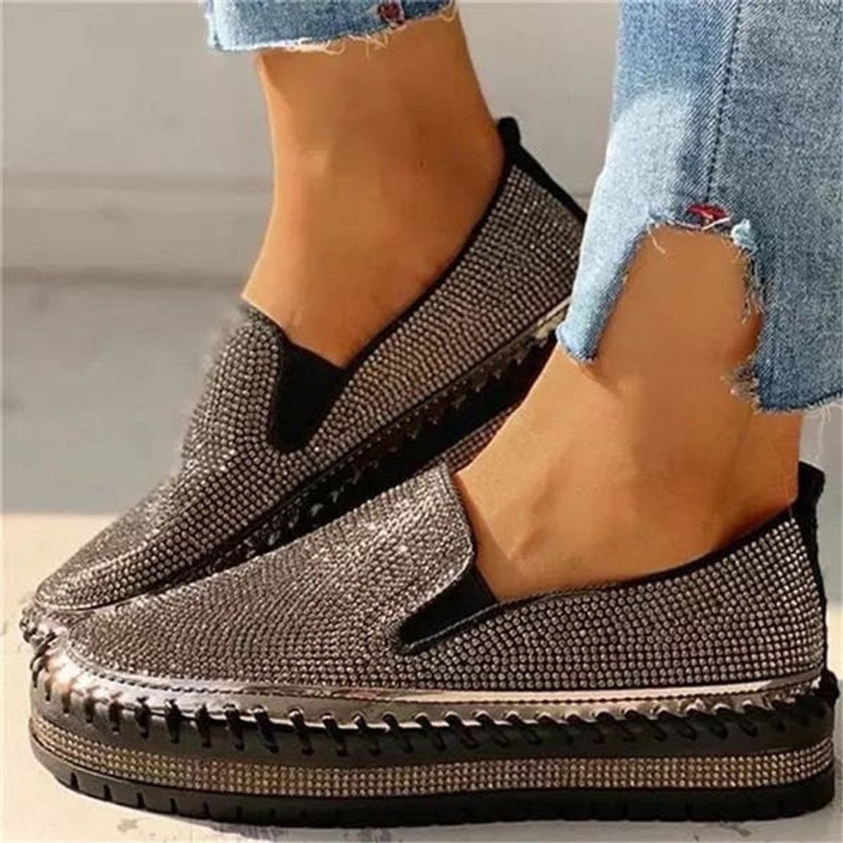 Women's Crystal Embellished Slip-On Comfort Sneakers Platform Loafers - Black