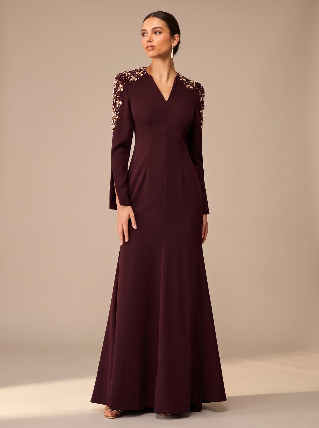 Women's Crystal-Embellished V-Neck Long-Sleeve Maxi Christmas Party Dress