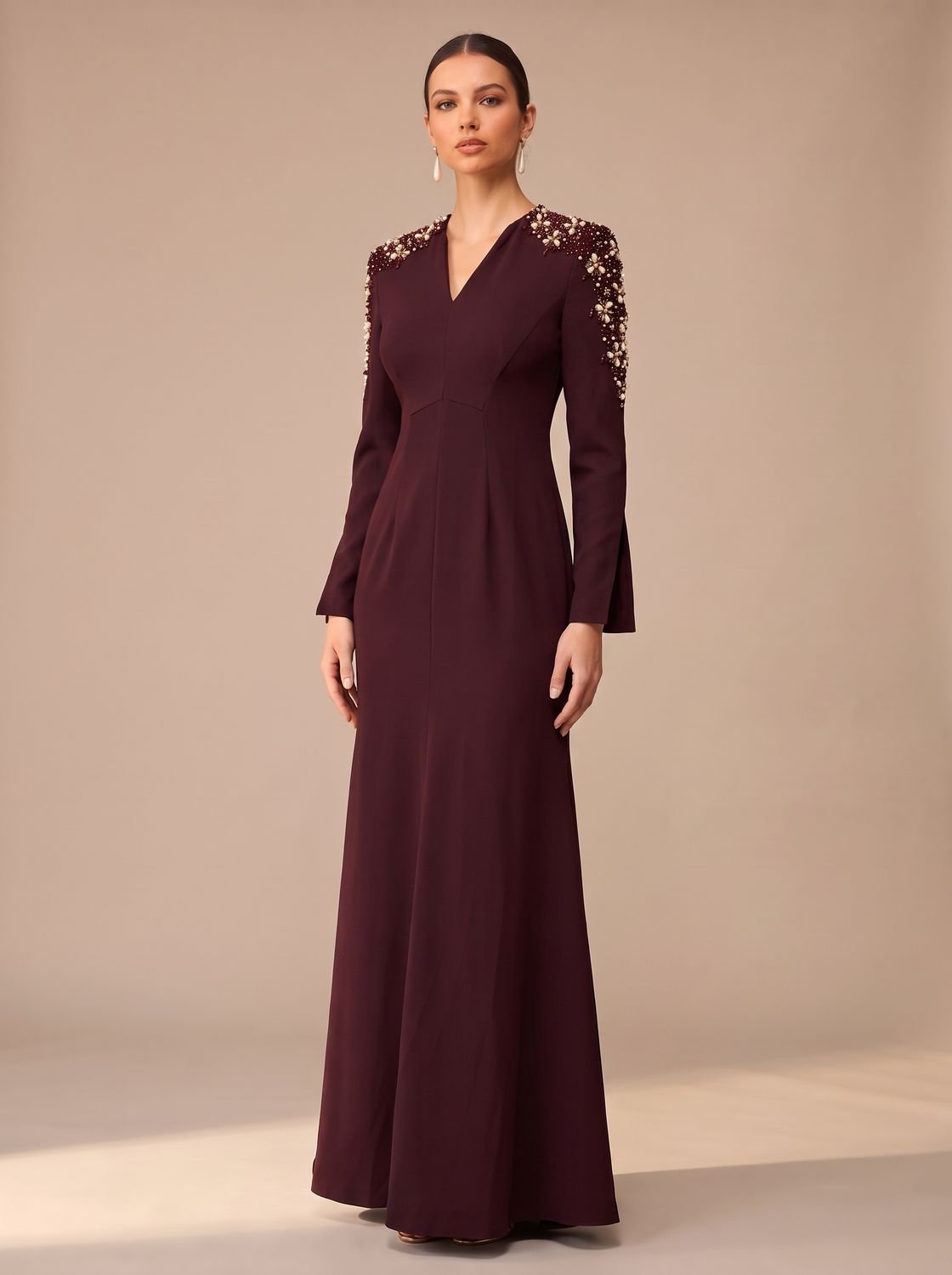 Women's Crystal-Embellished V-Neck Long-Sleeve Maxi Christmas Party Dress