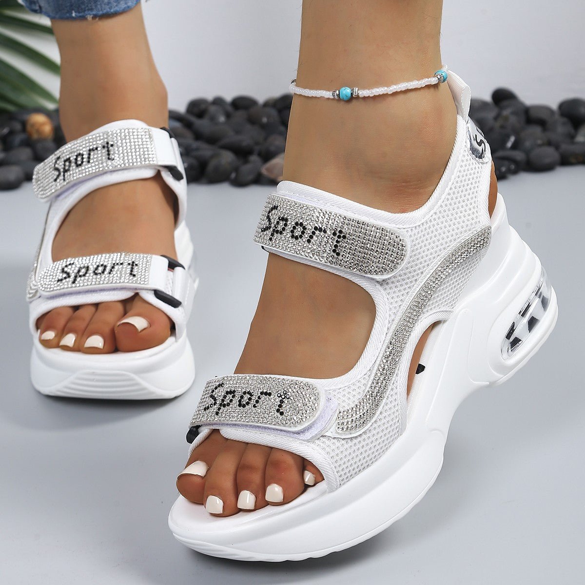 Women's Crystal Rhinestone Platform Wedge Comfort Sandals Velcro - White
