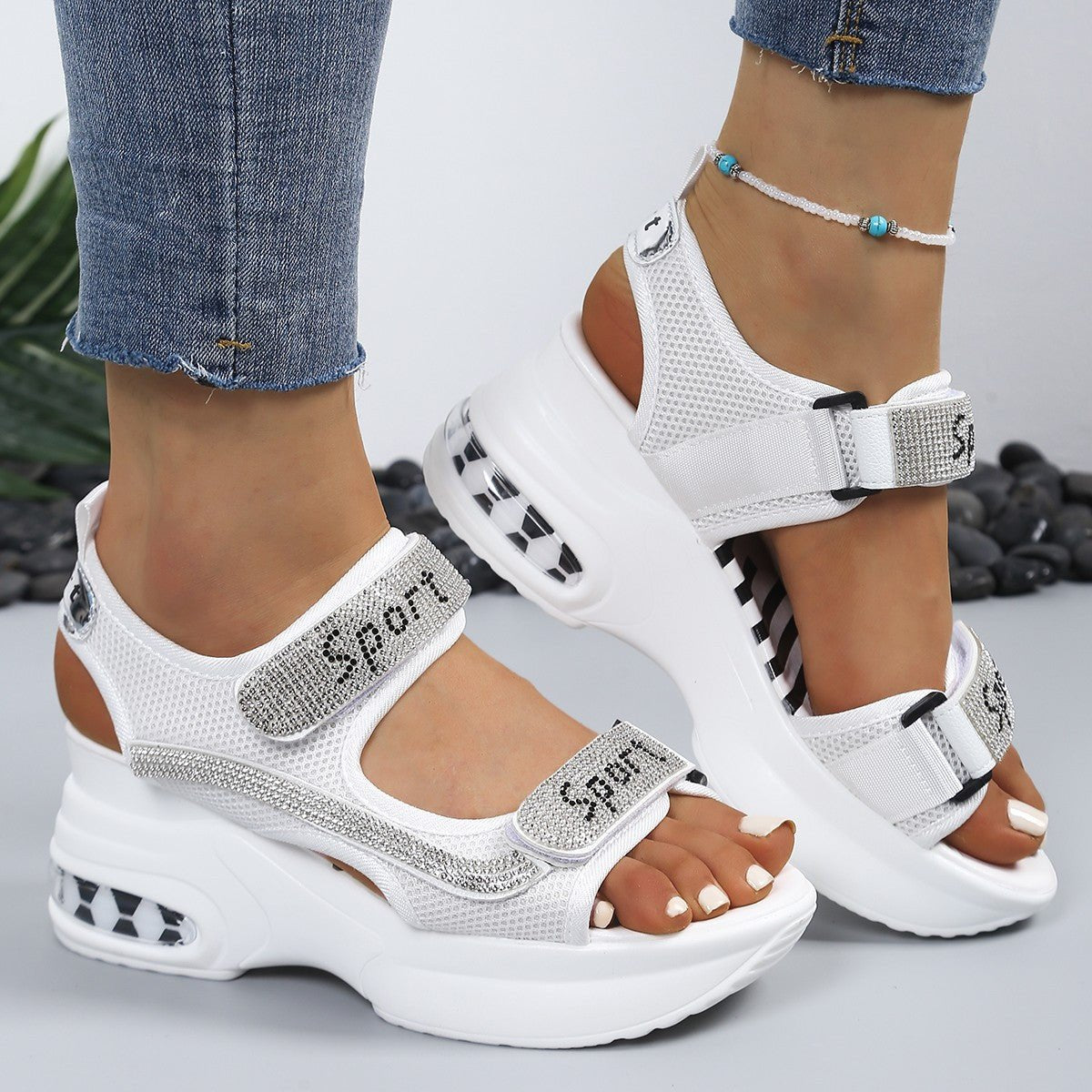 Women's Crystal Rhinestone Platform Wedge Comfort Sandals Velcro