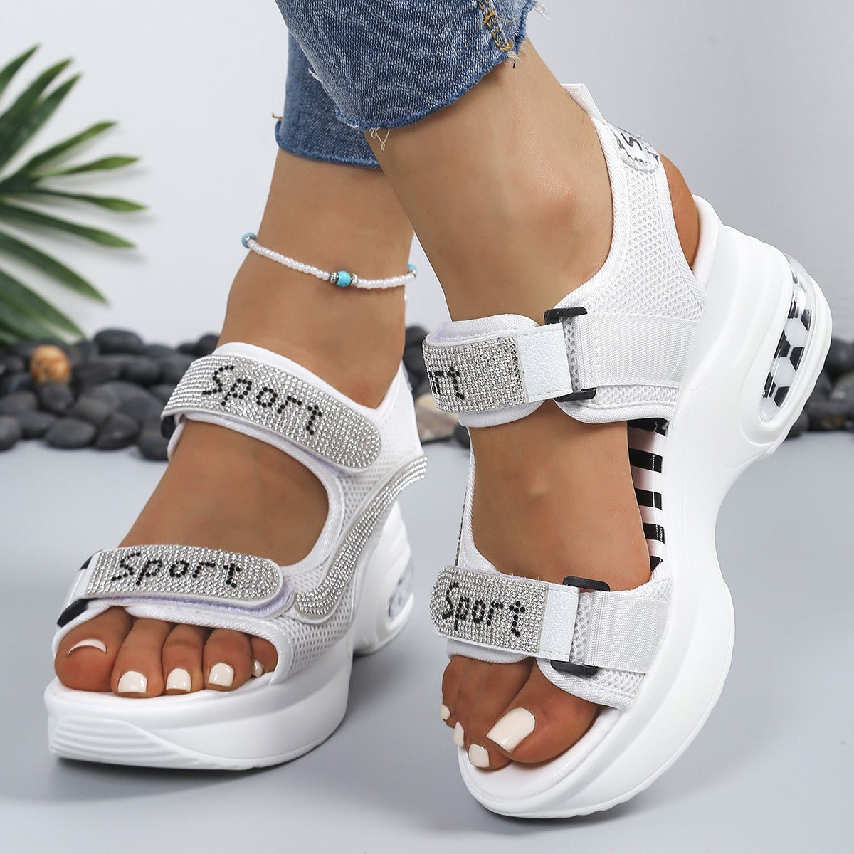 Women's Crystal Rhinestone Platform Wedge Comfort Sandals Velcro